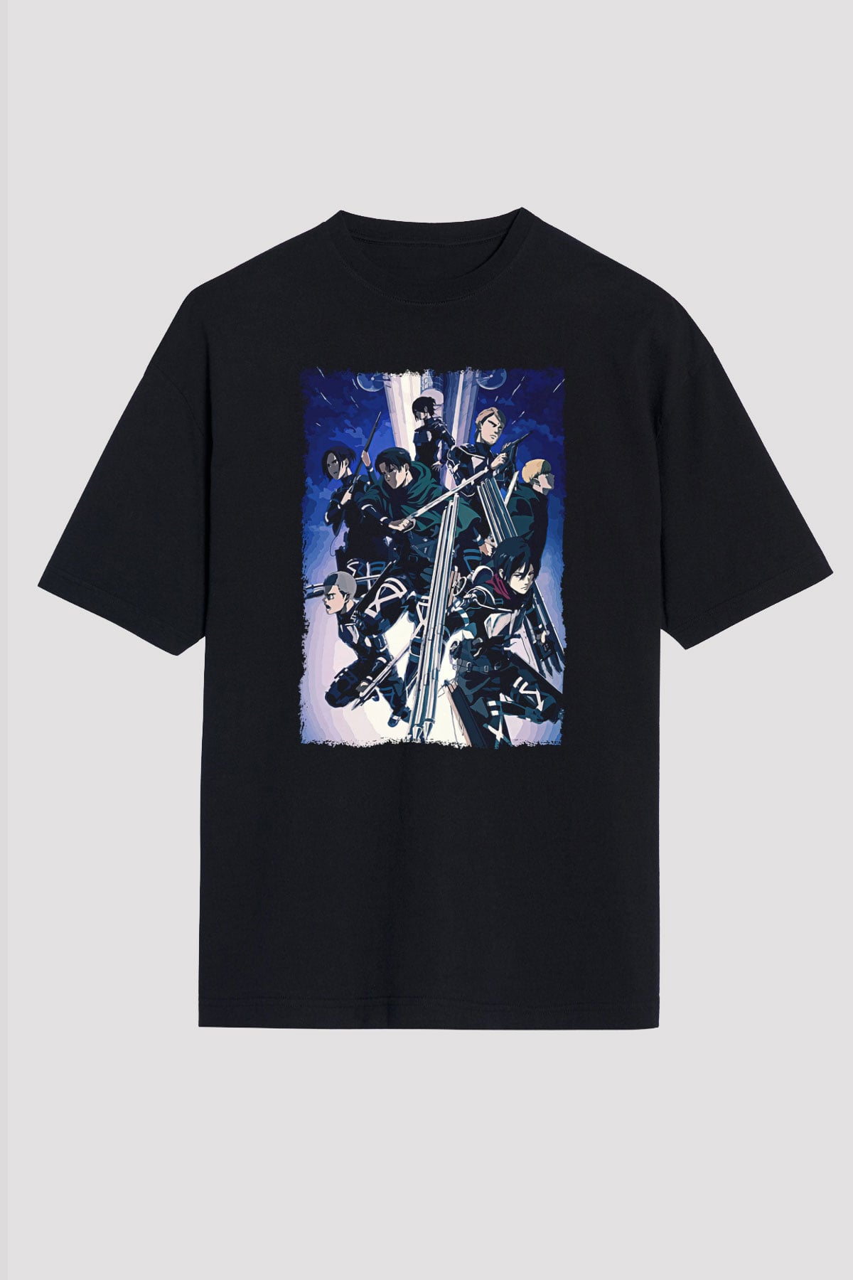 Attack On Titan Baskılı Unisex Siyah Oversize Tişört - Tshirt