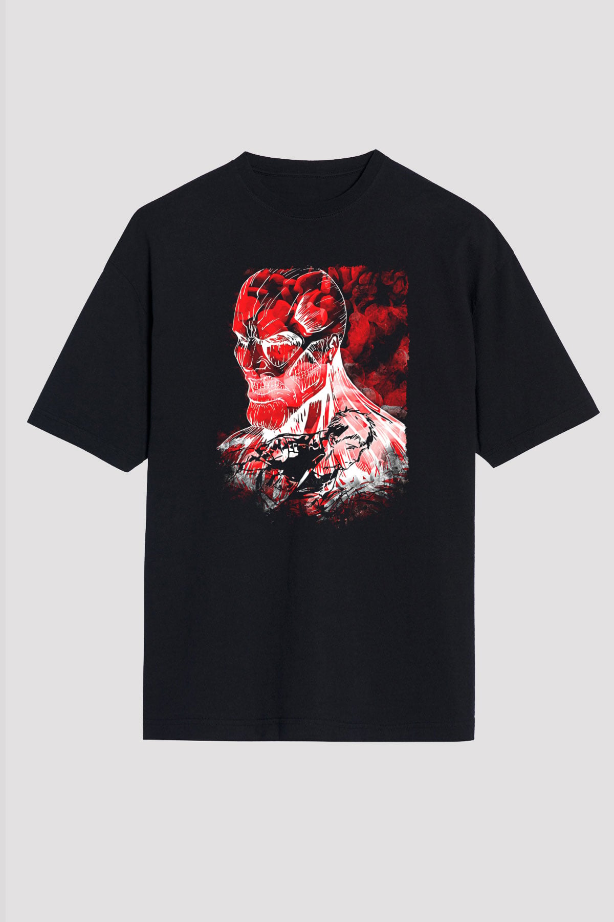 Attack On Titan Baskılı Unisex Siyah Oversize Tişört - Tshirt