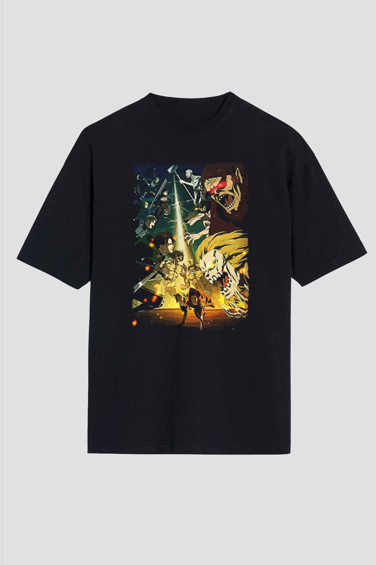 Attack On Titan Baskılı Unisex Siyah Oversize Tişört - Tshirt