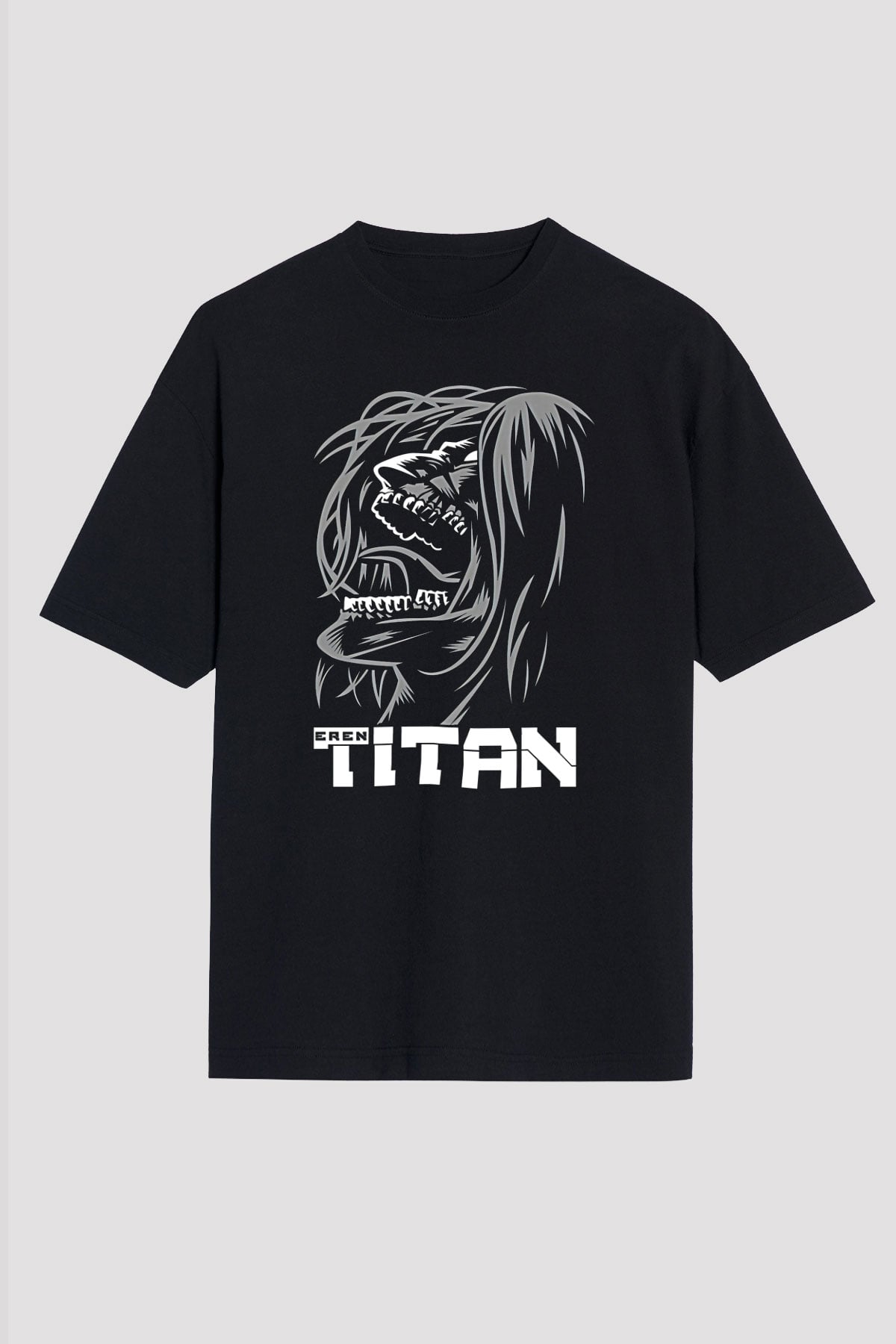 Attack On Titan Baskılı Unisex Siyah Oversize Tişört - Tshirt