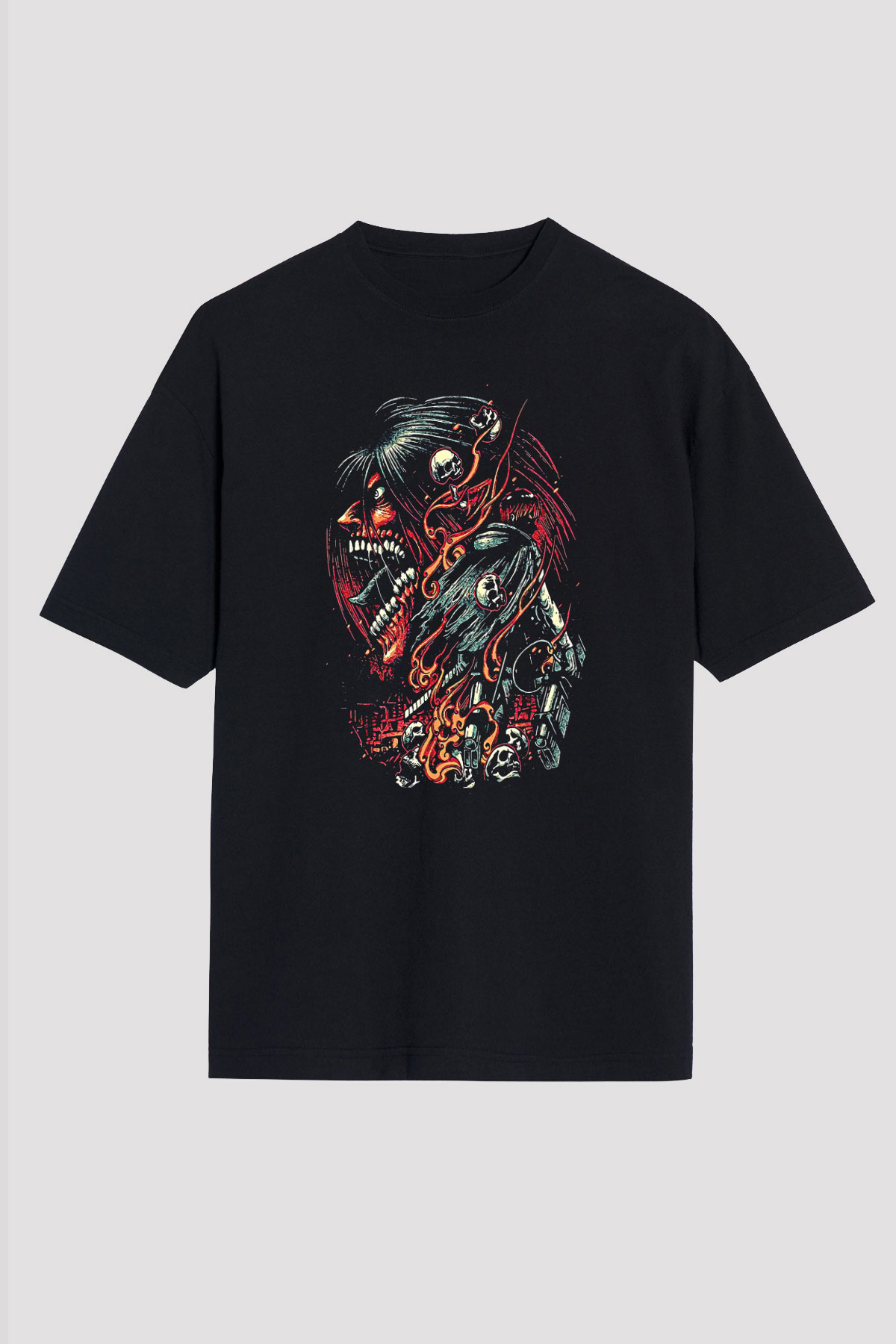 Attack On Titan Baskılı Unisex Siyah Oversize Tişört - Tshirt