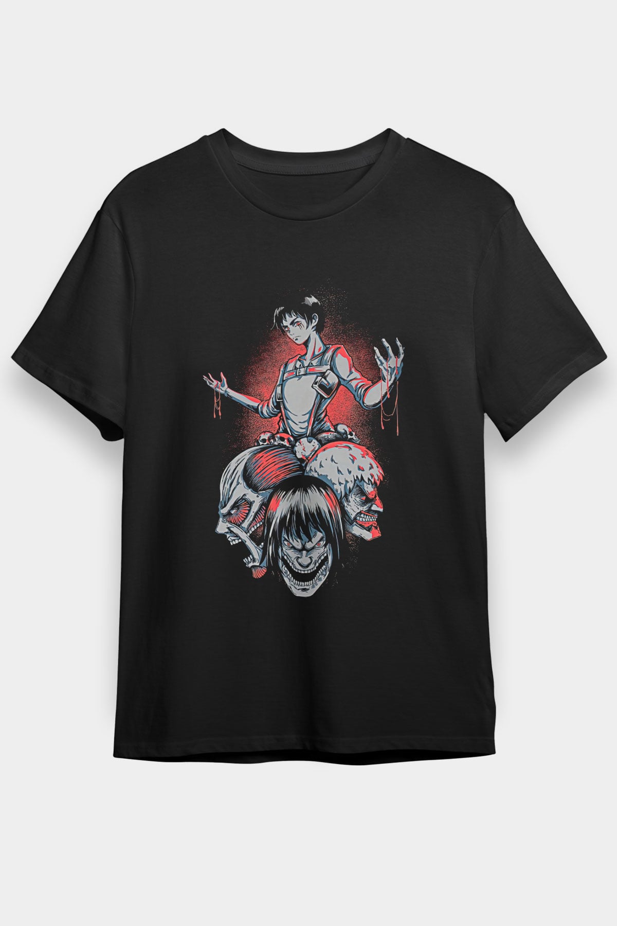 Attack On Titan Baskılı Unisex Siyah Tişört - Tshirt
