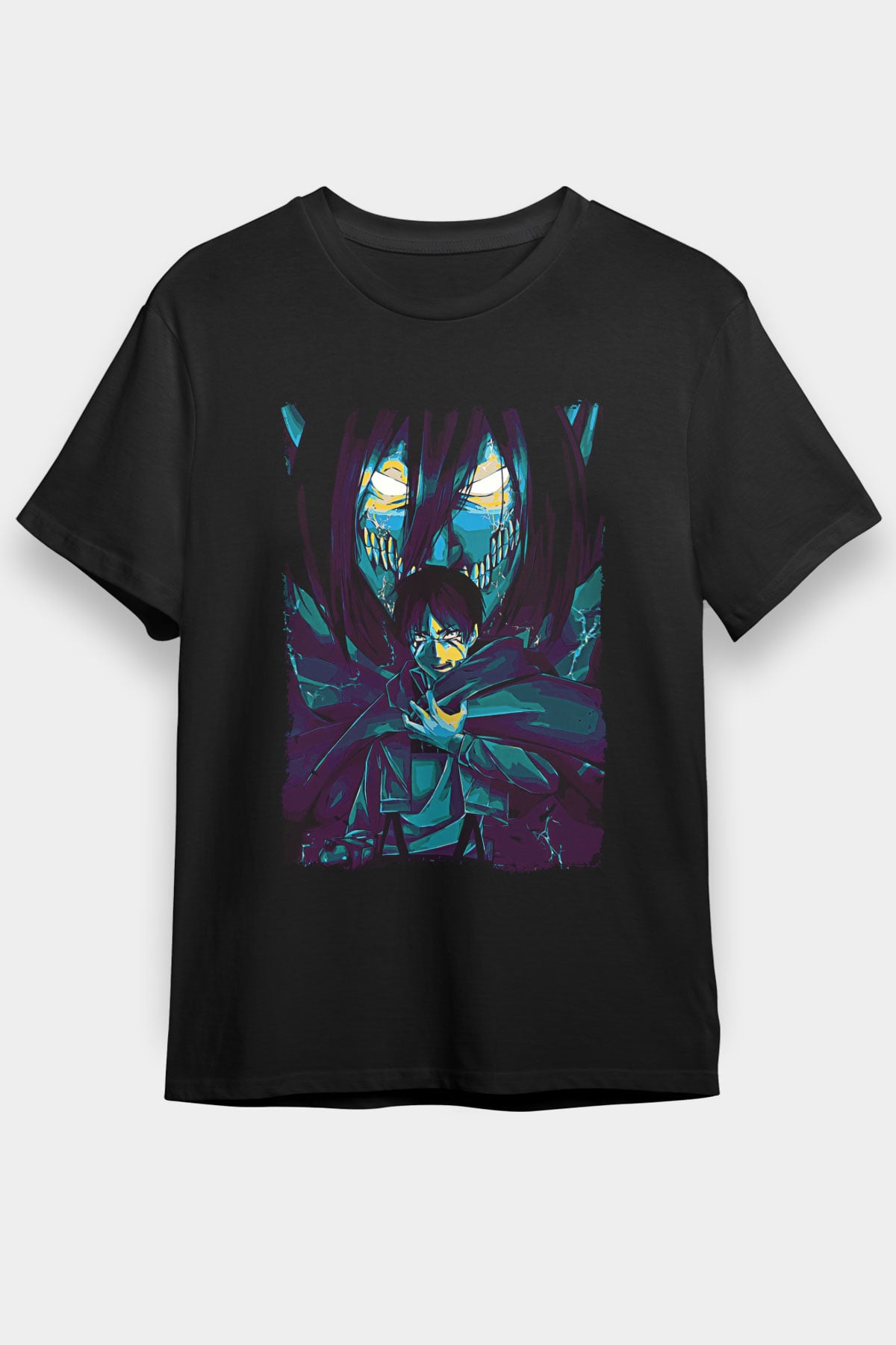 Attack On Titan Baskılı Unisex Siyah Tişört - Tshirt