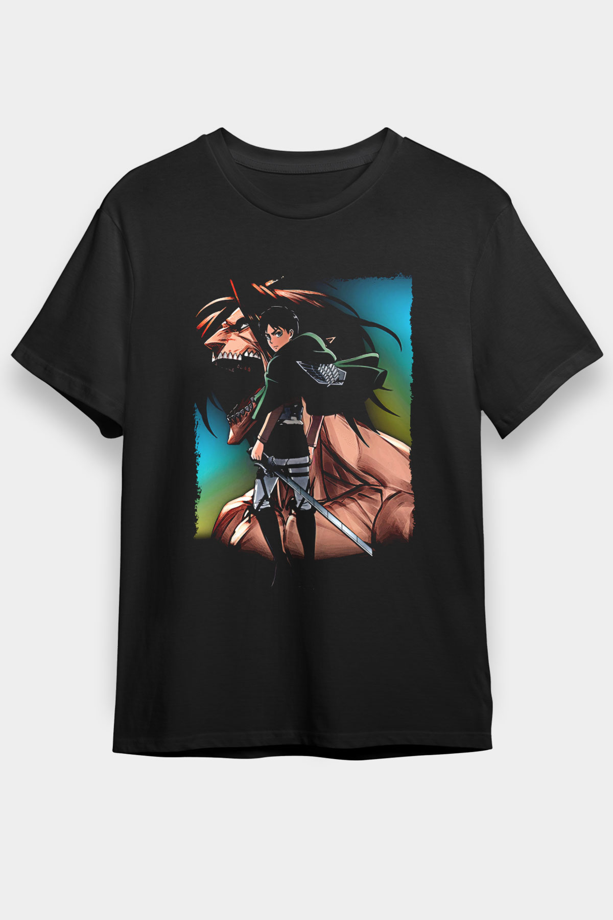 Attack On Titan Baskılı Unisex Siyah Tişört - Tshirt