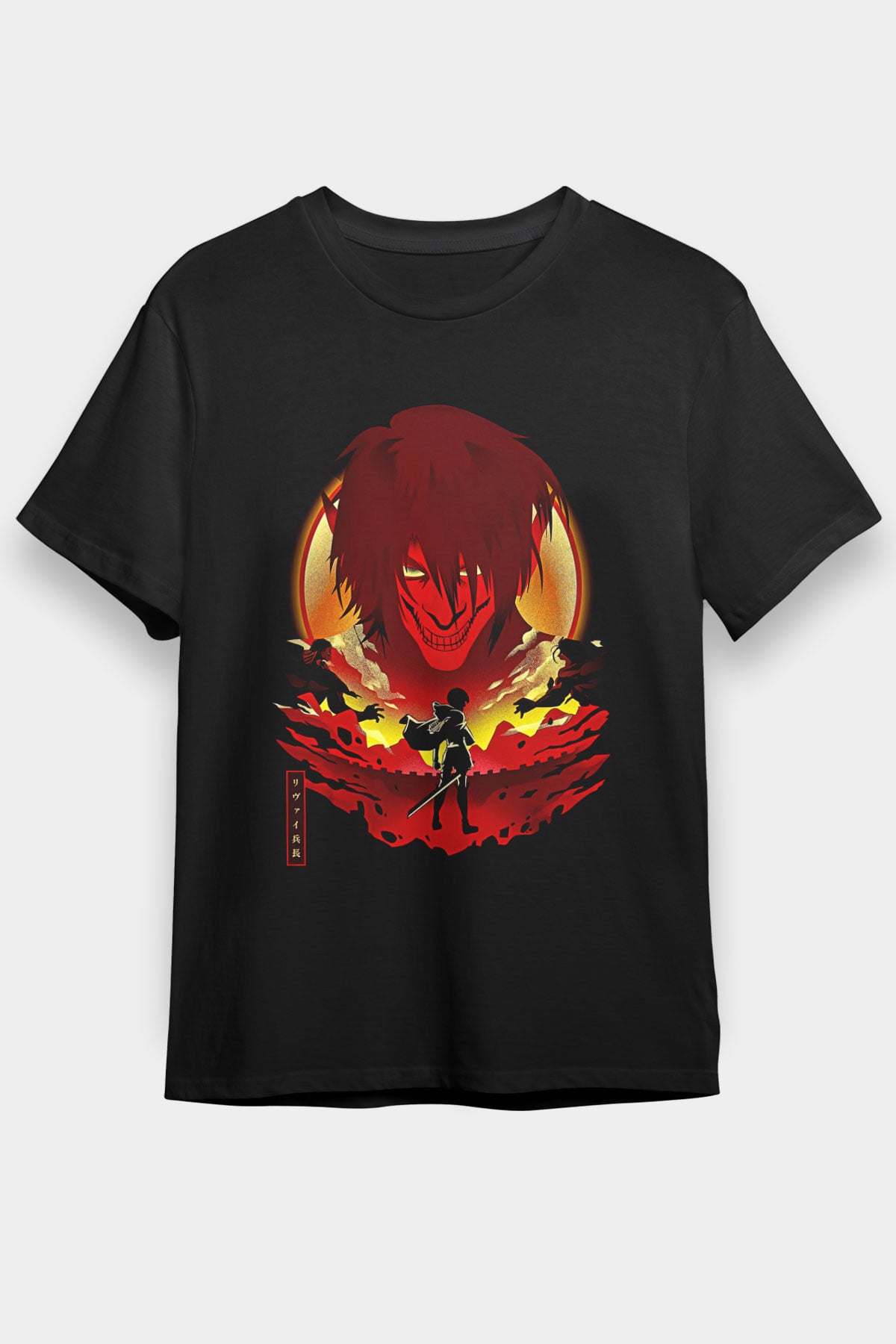 Attack On Titan Baskılı Unisex Siyah Tişört - Tshirt