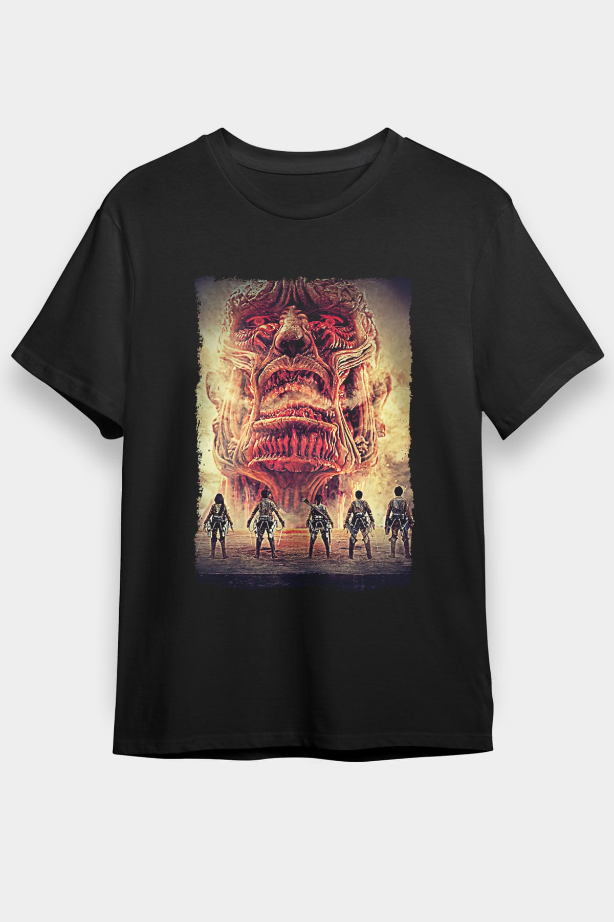 Attack On Titan Baskılı Unisex Siyah Tişört - Tshirt