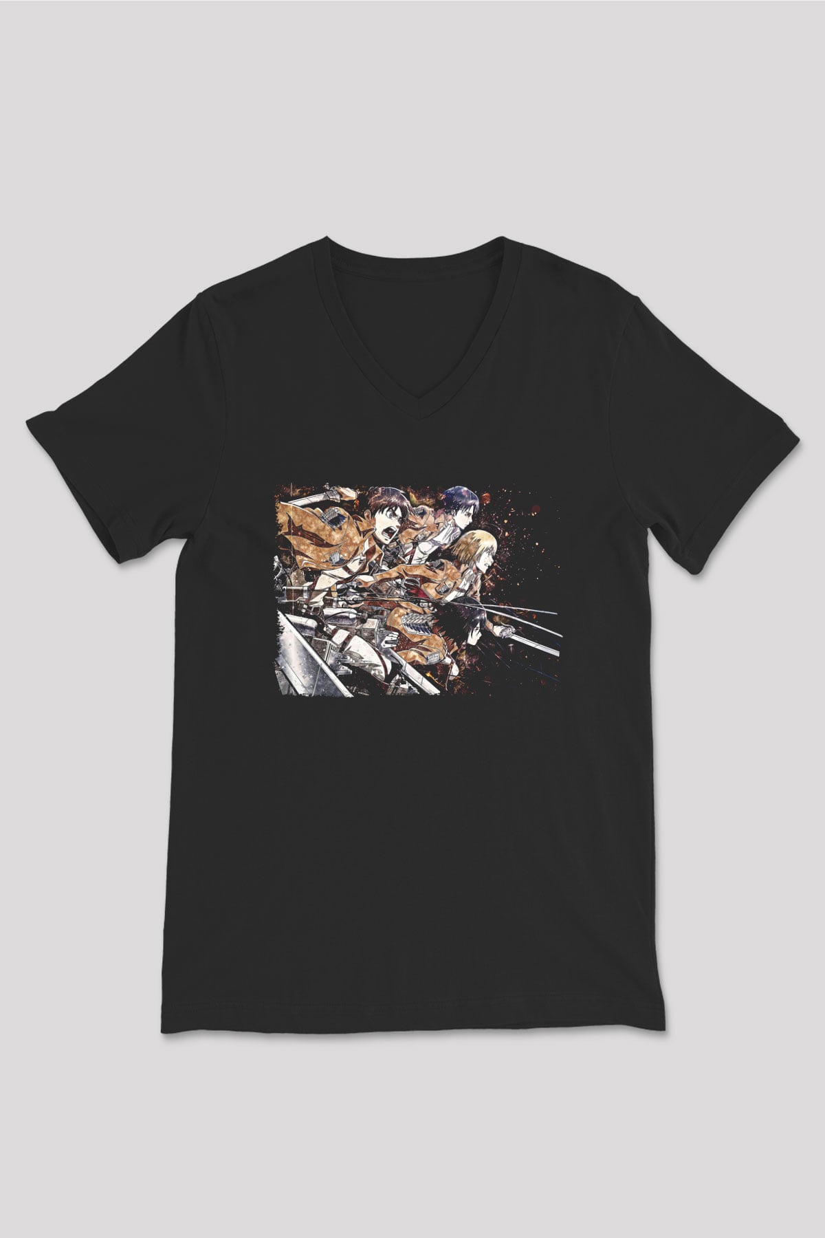 Attack On Titan Baskılı Unisex Siyah V Yaka Tişört - Tshirt