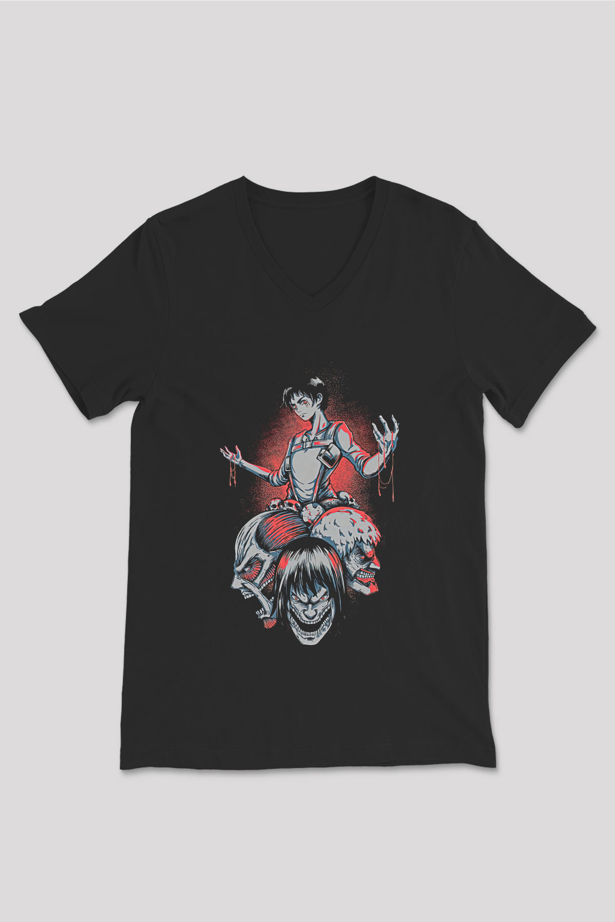 Attack On Titan Baskılı Unisex Siyah V Yaka Tişört - Tshirt