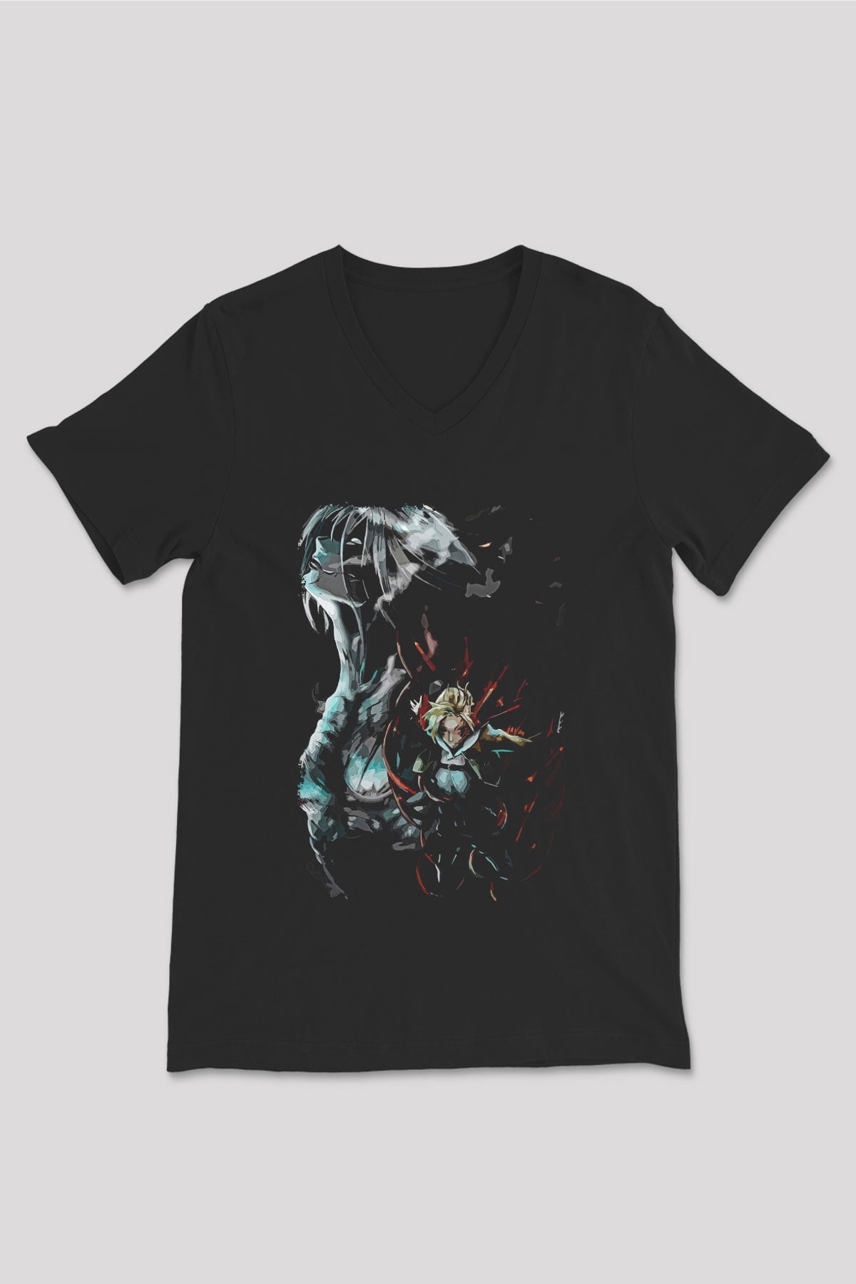 Attack On Titan Baskılı Unisex Siyah V Yaka Tişört - Tshirt