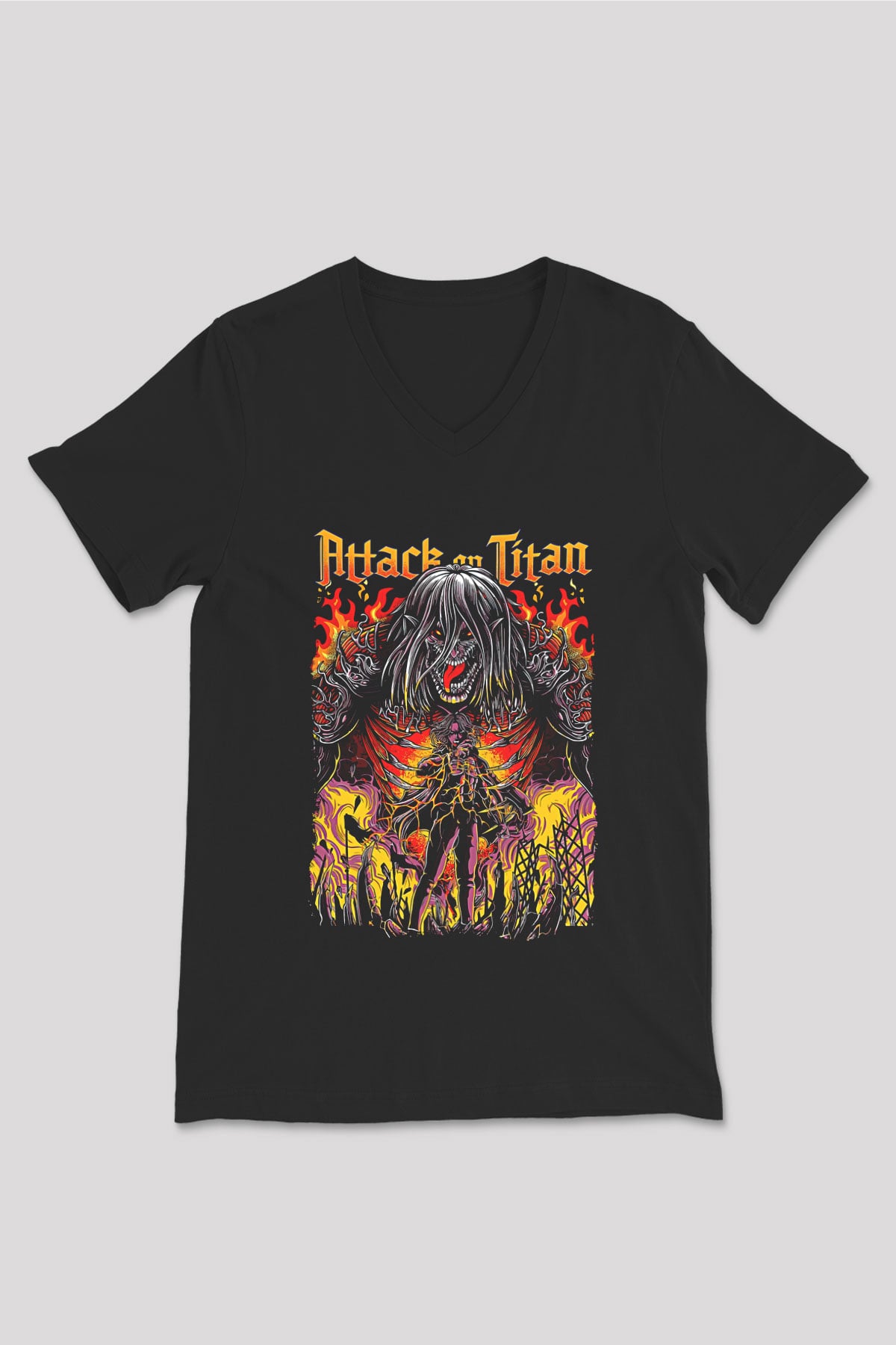 Attack On Titan Baskılı Unisex Siyah V Yaka Tişört - Tshirt