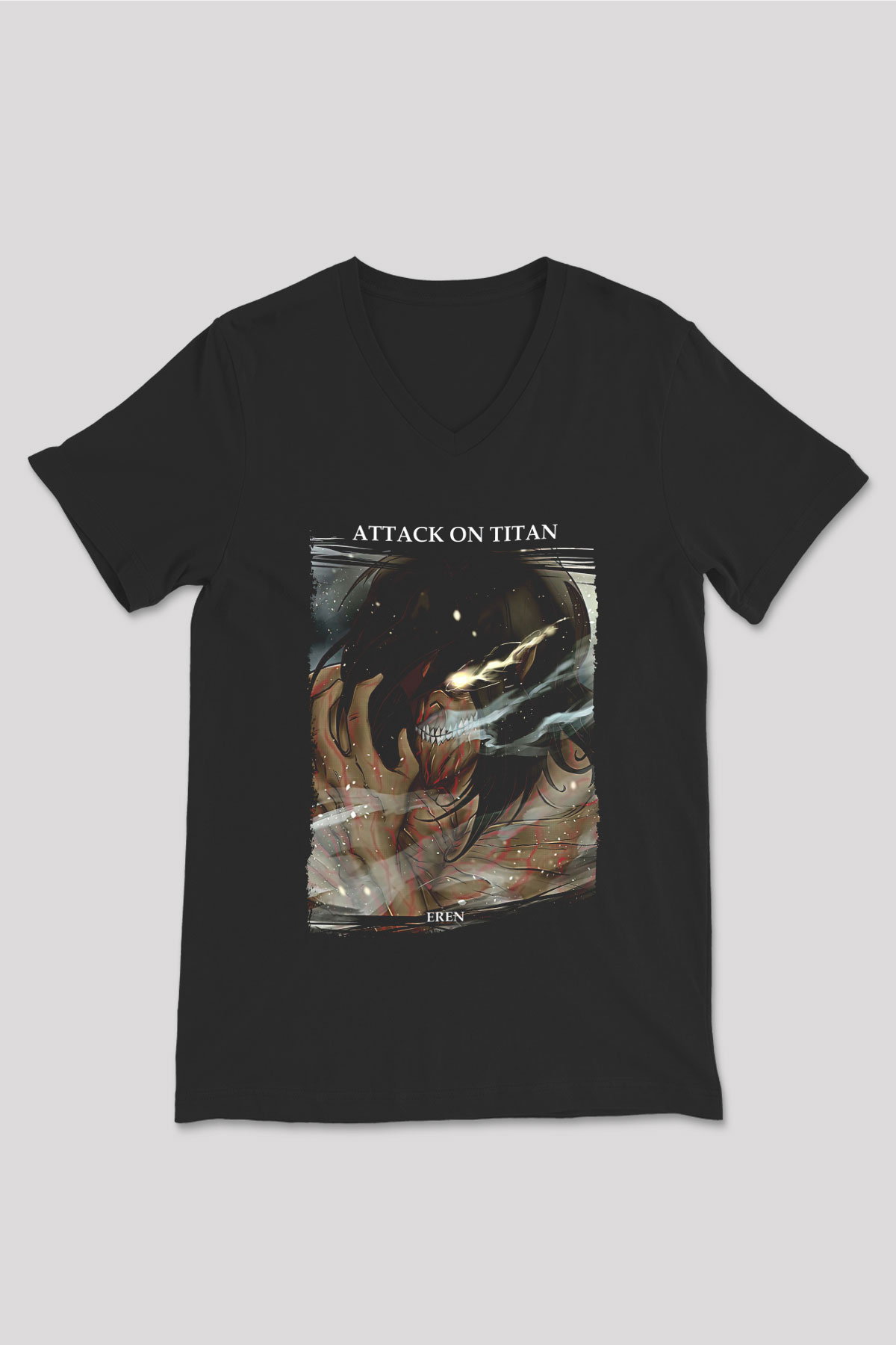 Attack On Titan Baskılı Unisex Siyah V Yaka Tişört - Tshirt
