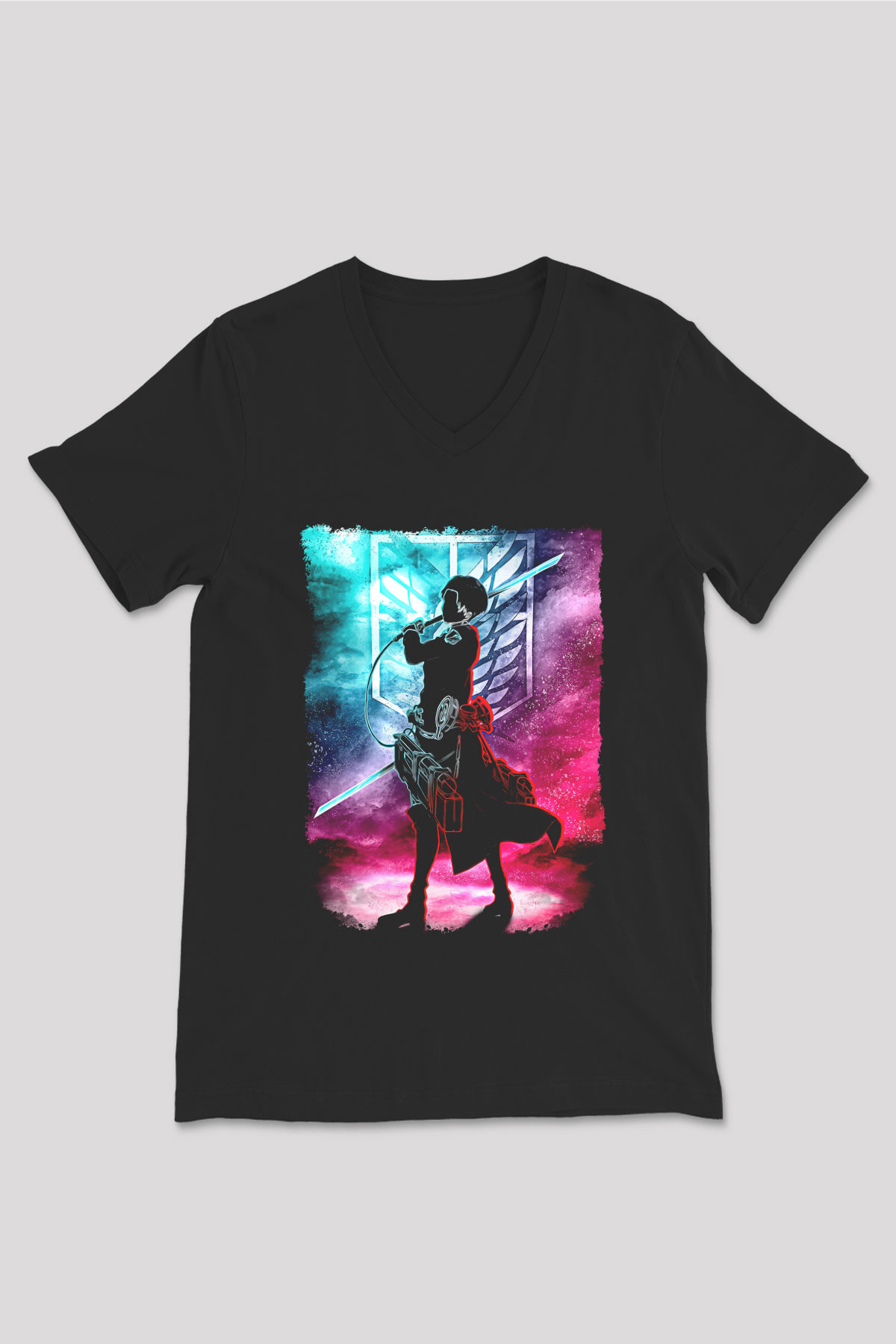 Attack On Titan Baskılı Unisex Siyah V Yaka Tişört - Tshirt