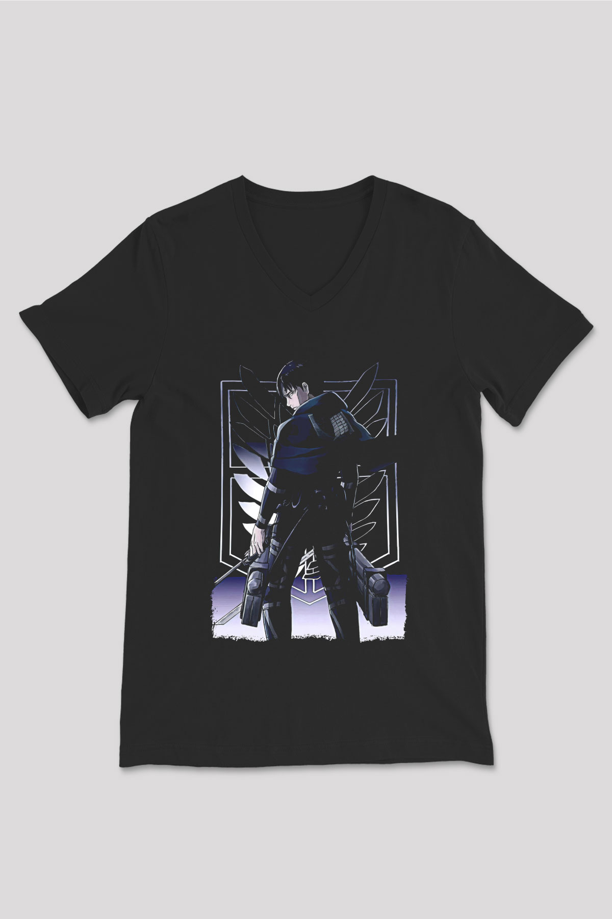 Attack On Titan Baskılı Unisex Siyah V Yaka Tişört - Tshirt
