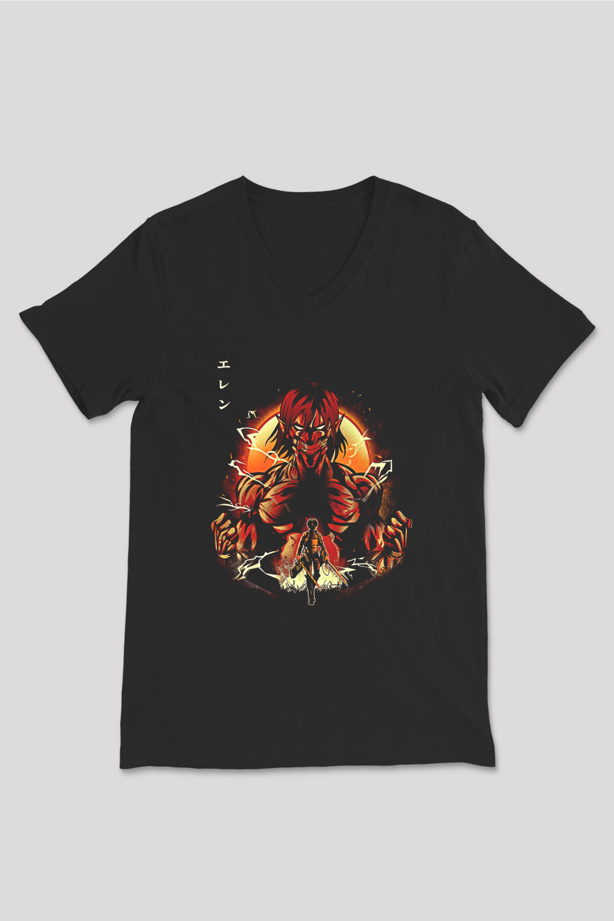 Attack On Titan Baskılı Unisex Siyah V Yaka Tişört - Tshirt