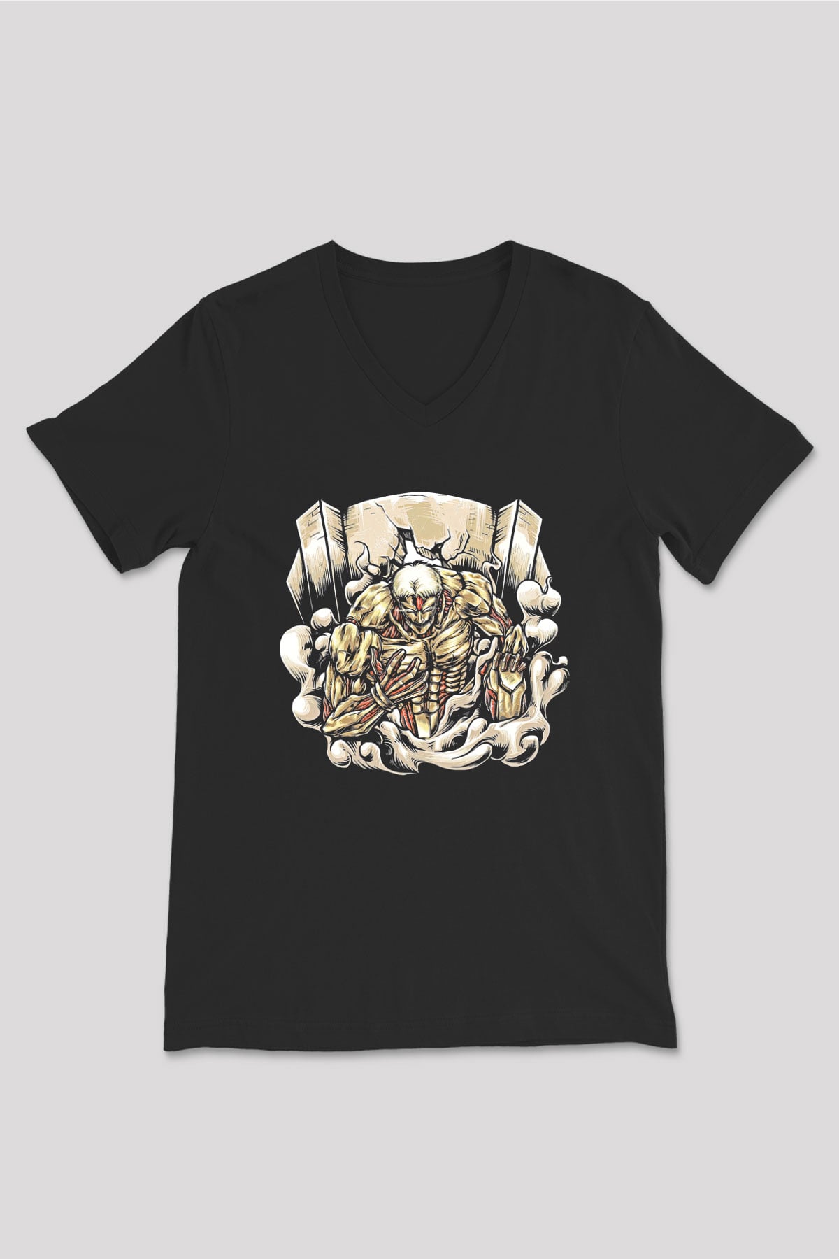 Attack On Titan Baskılı Unisex Siyah V Yaka Tişört - Tshirt