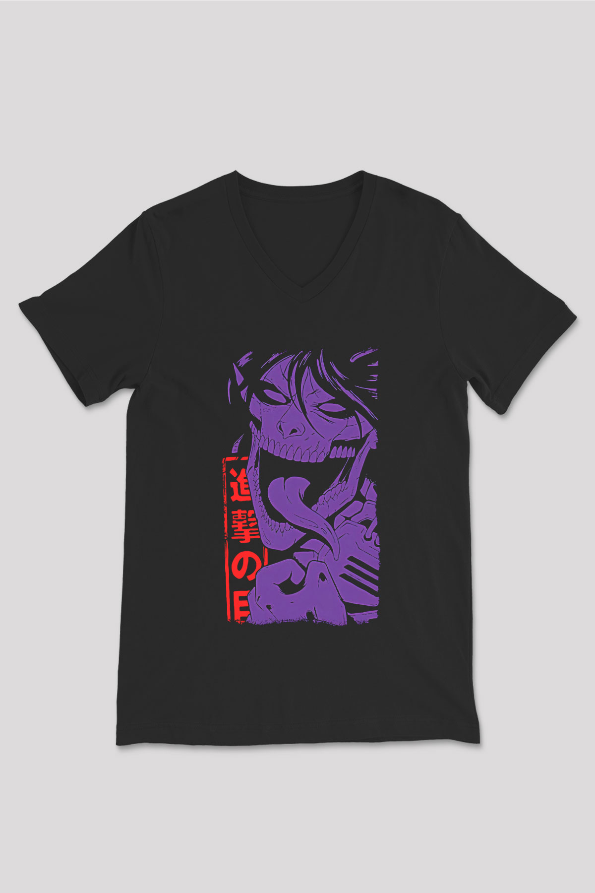 Attack On Titan Baskılı Unisex Siyah V Yaka Tişört - Tshirt