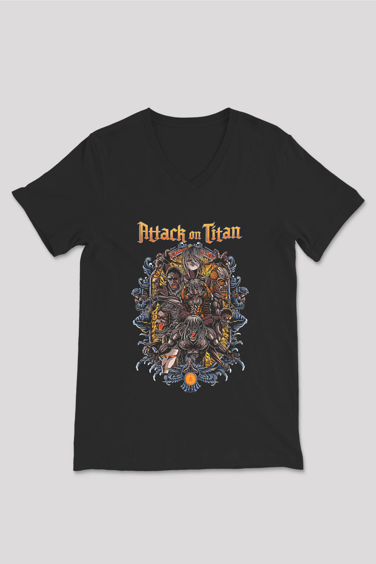 Attack On Titan Baskılı Unisex Siyah V Yaka Tişört - Tshirt
