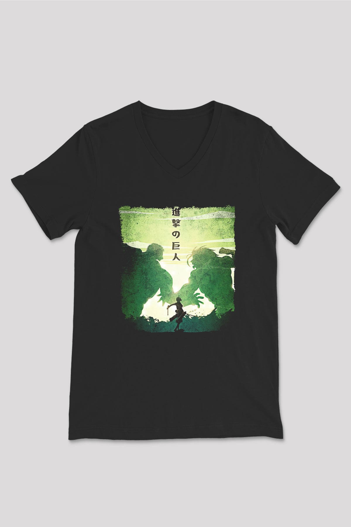 Attack On Titan Baskılı Unisex Siyah V Yaka Tişört - Tshirt