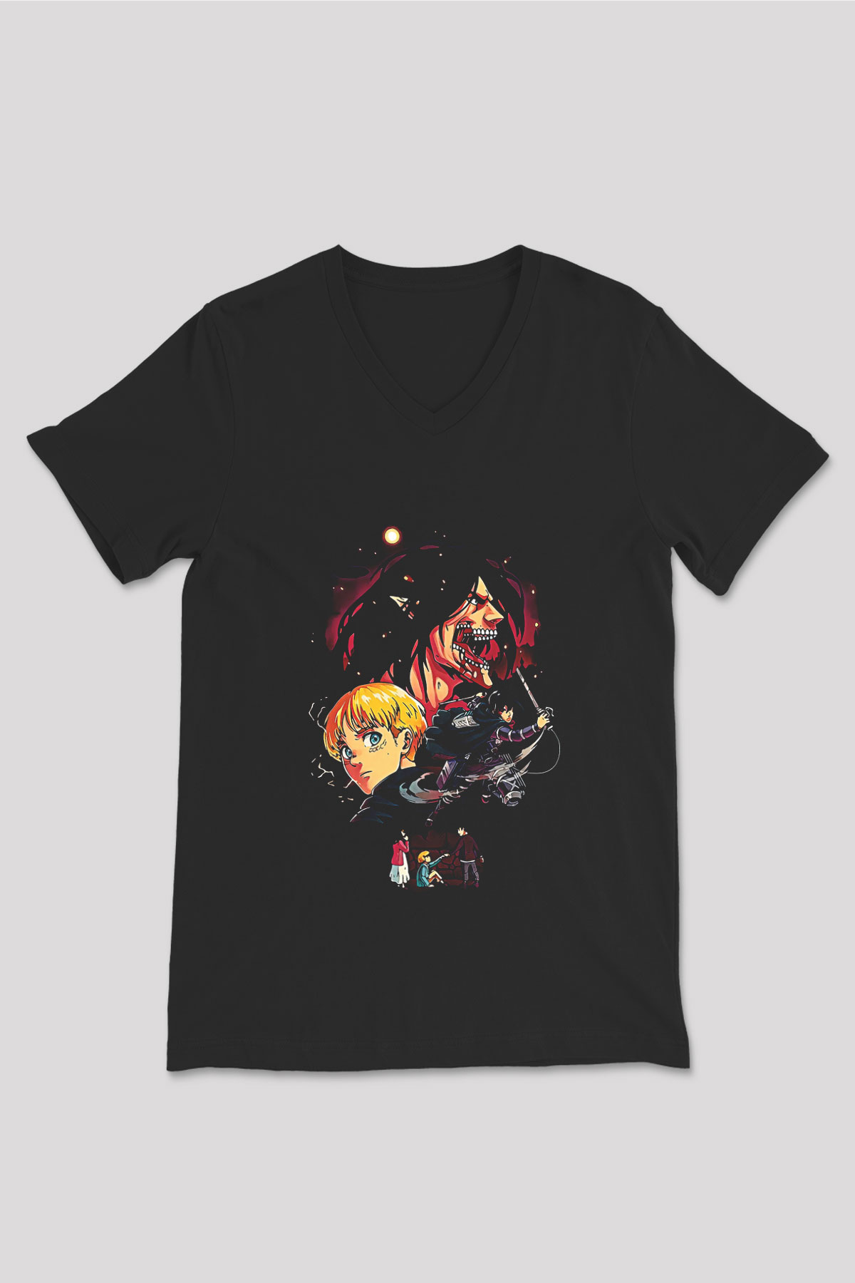 Attack On Titan Baskılı Unisex Siyah V Yaka Tişört - Tshirt