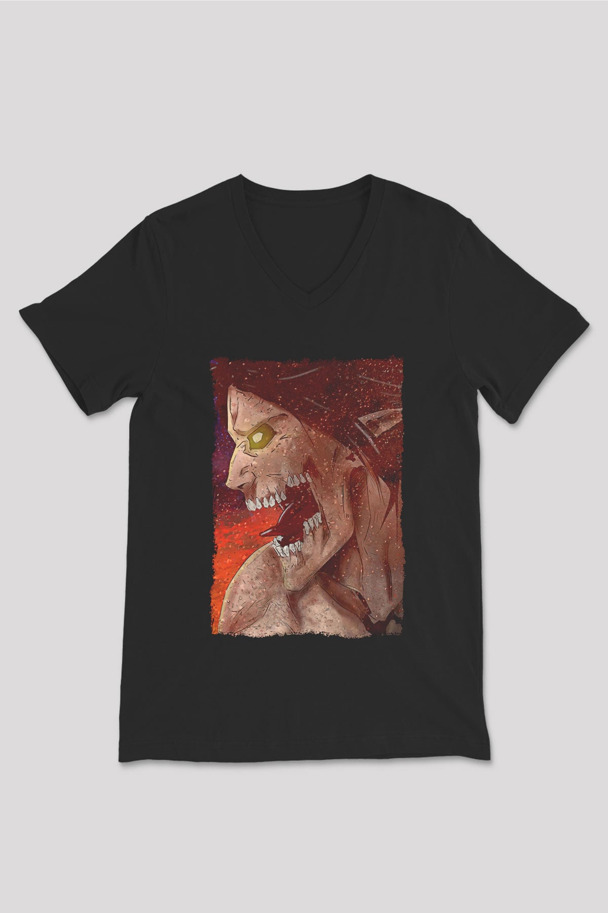 Attack On Titan Baskılı Unisex Siyah V Yaka Tişört - Tshirt