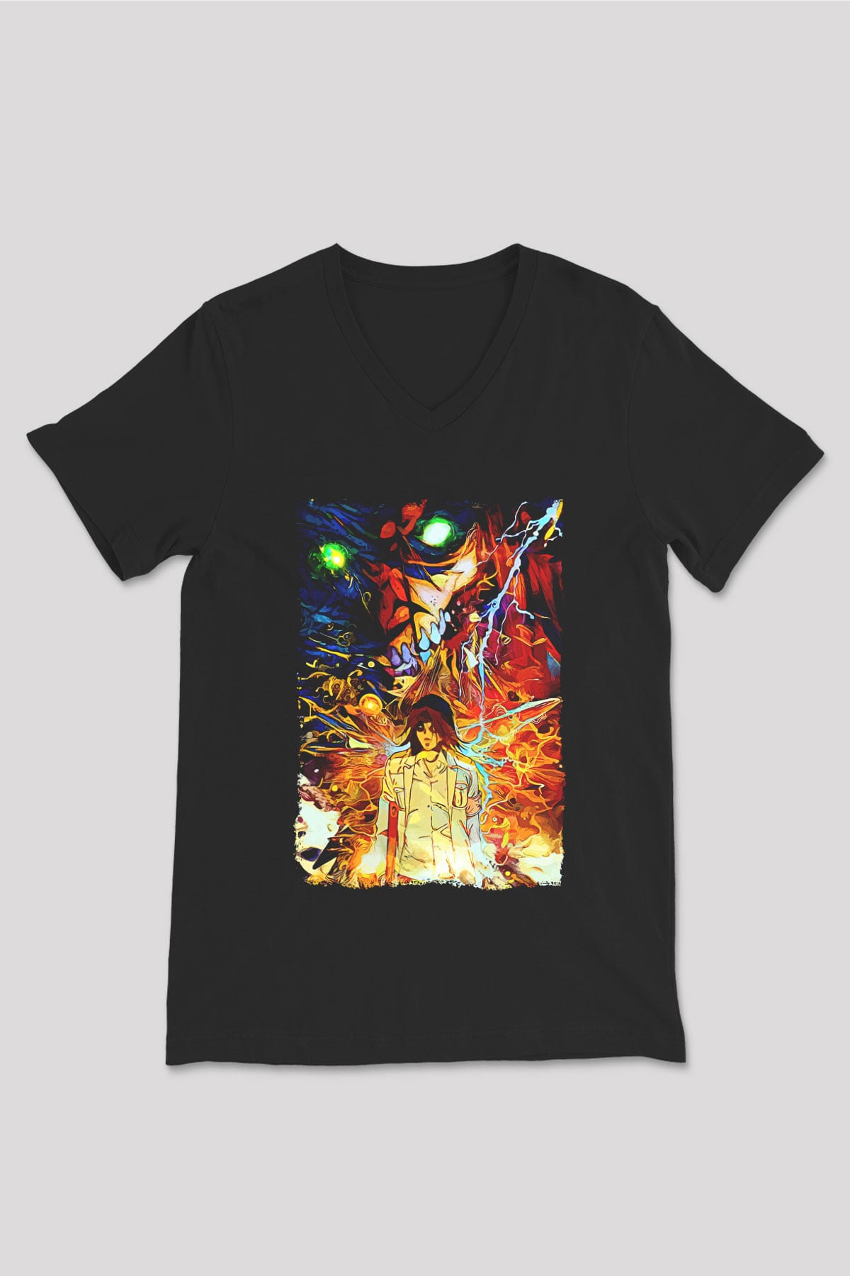 Attack On Titan Baskılı Unisex Siyah V Yaka Tişört - Tshirt