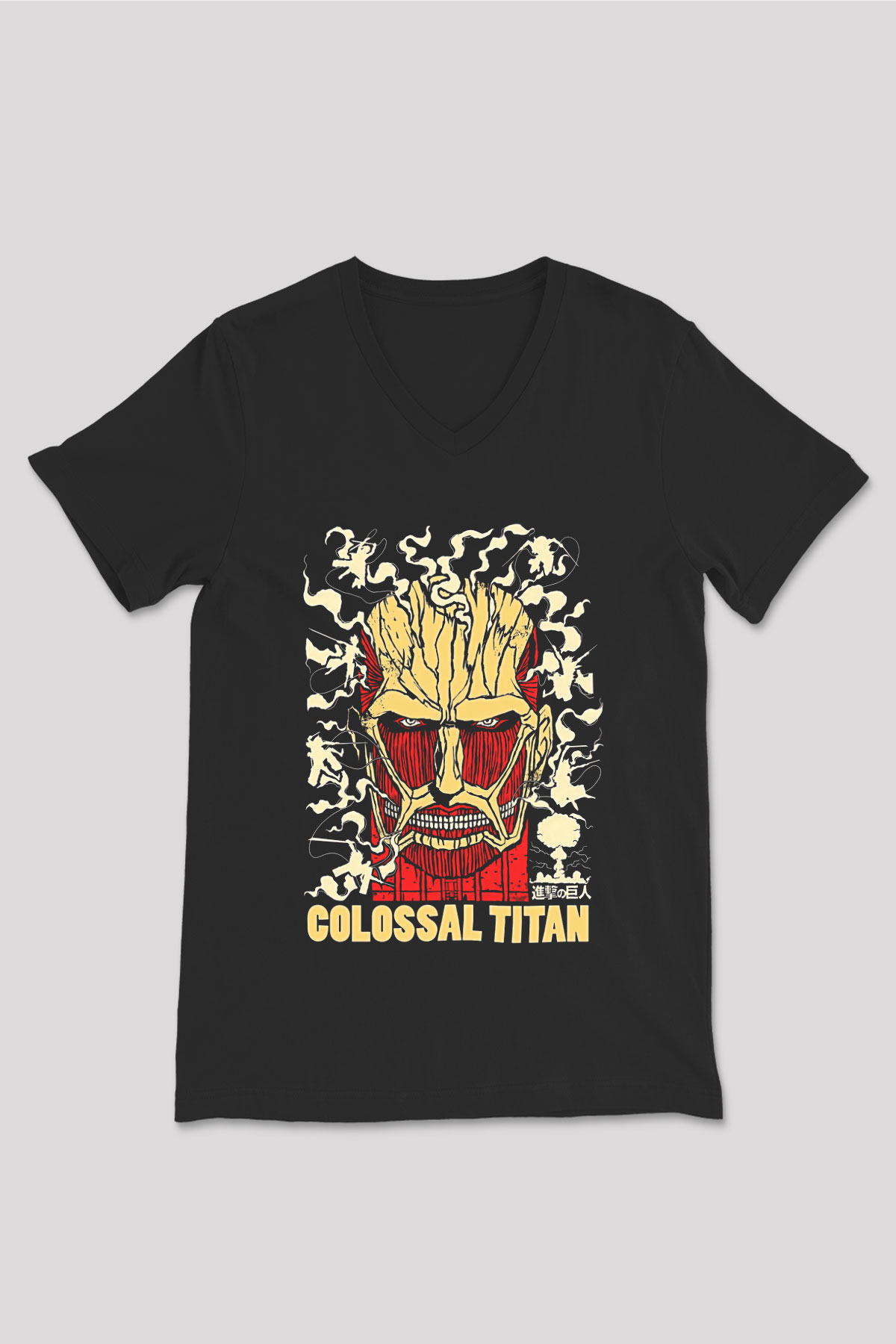 Attack On Titan Baskılı Unisex Siyah V Yaka Tişört - Tshirt