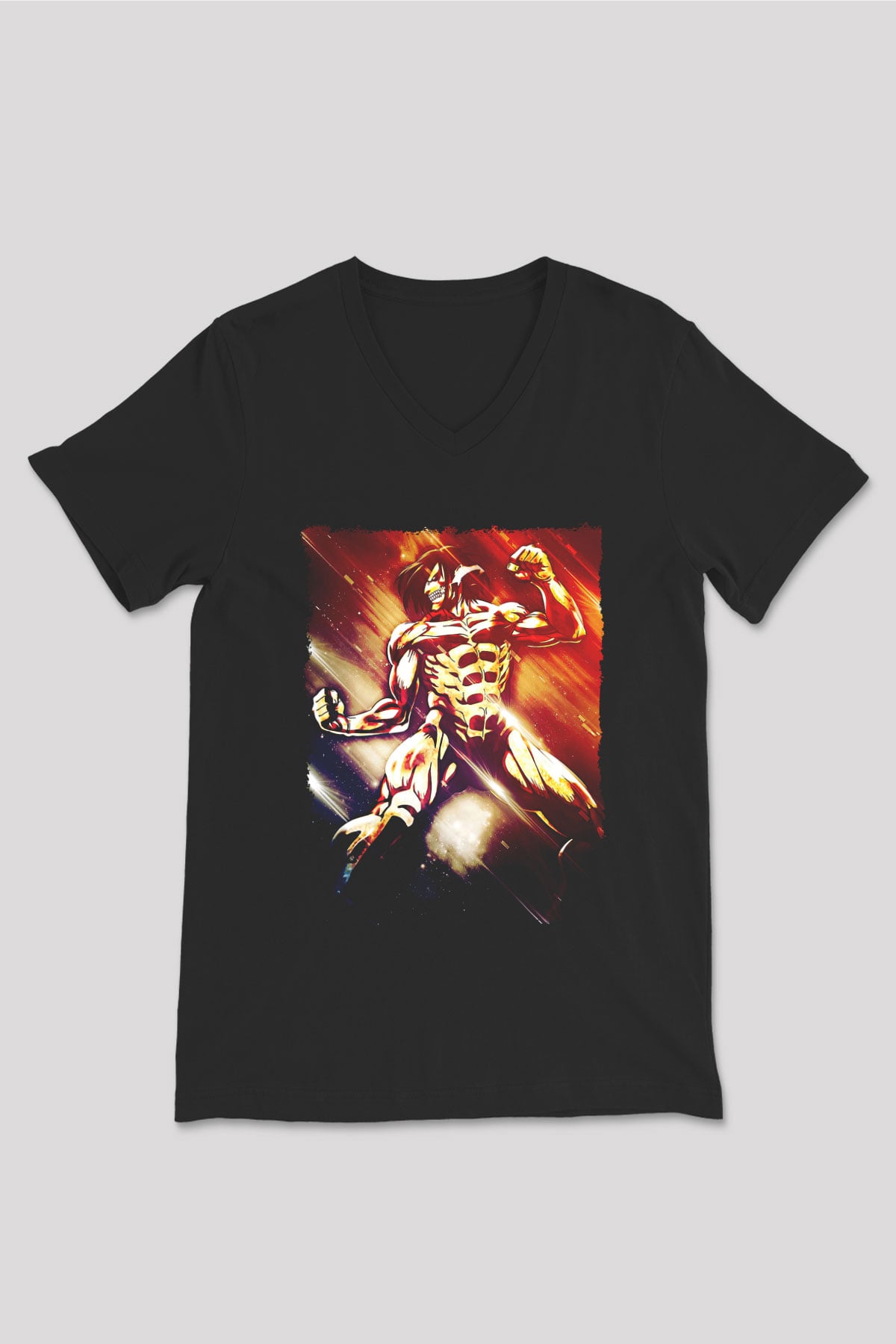 Attack On Titan Baskılı Unisex Siyah V Yaka Tişört - Tshirt