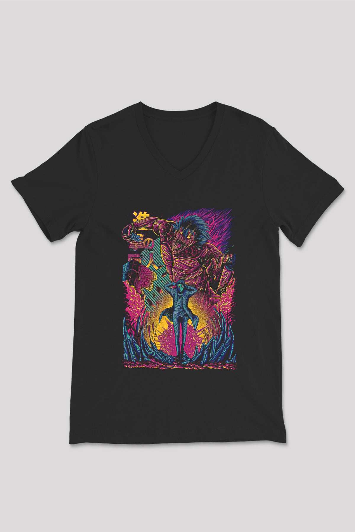 Attack On Titan Baskılı Unisex Siyah V Yaka Tişört - Tshirt
