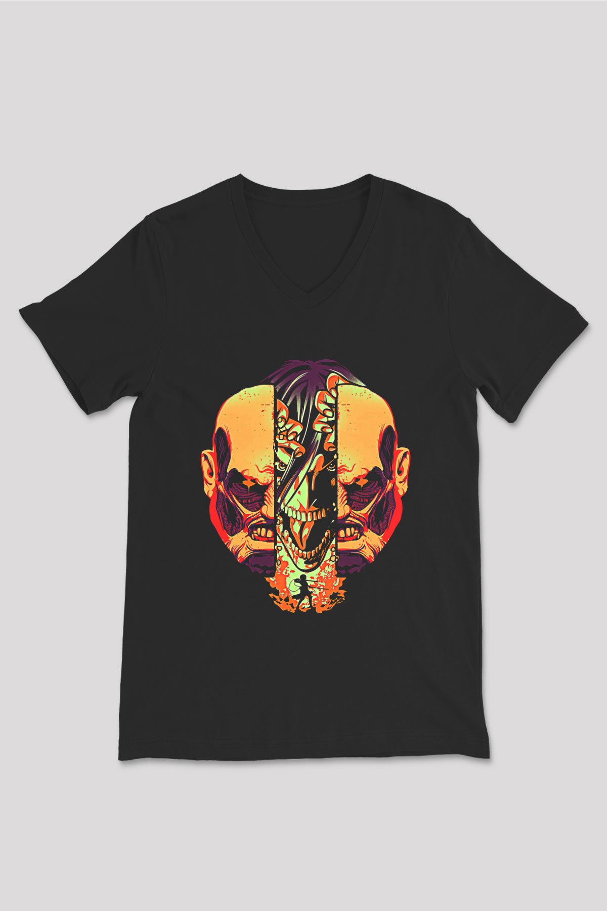 Attack On Titan Baskılı Unisex Siyah V Yaka Tişört - Tshirt