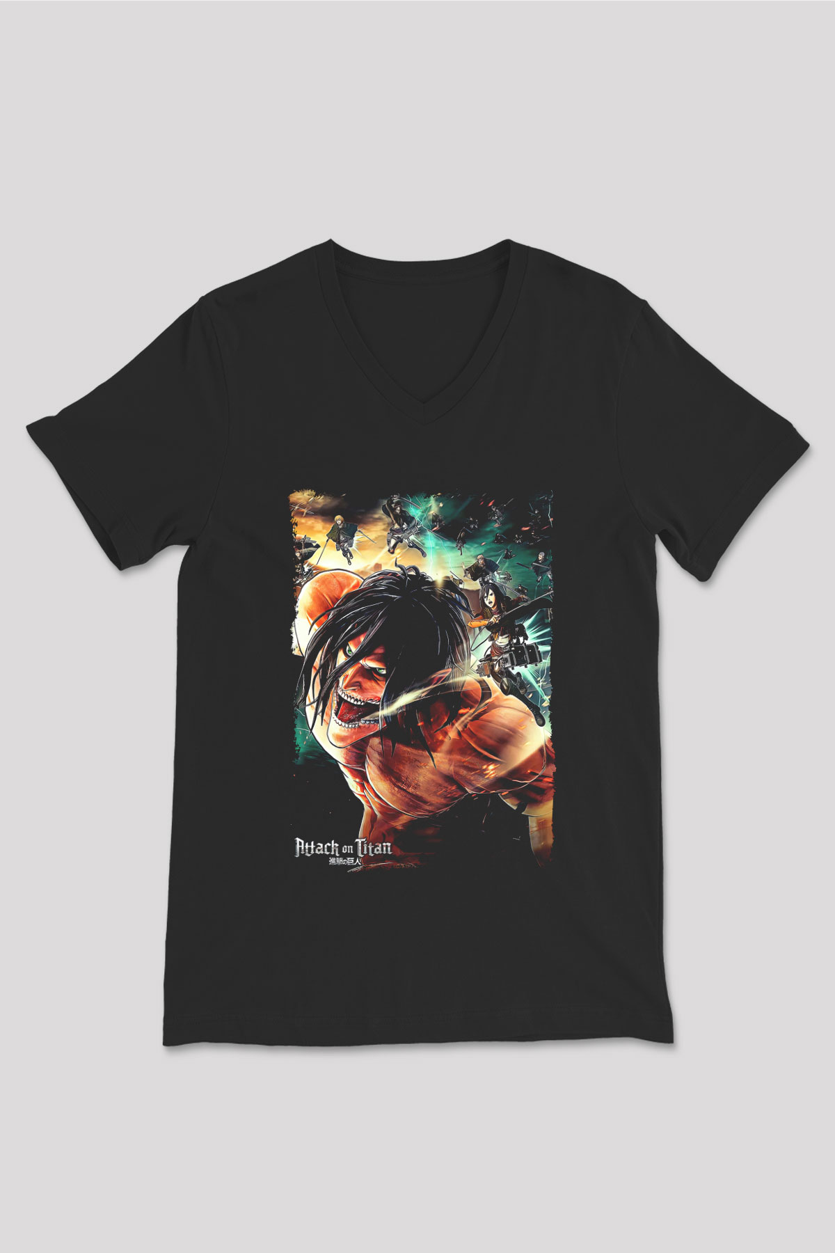 Attack On Titan Baskılı Unisex Siyah V Yaka Tişört - Tshirt