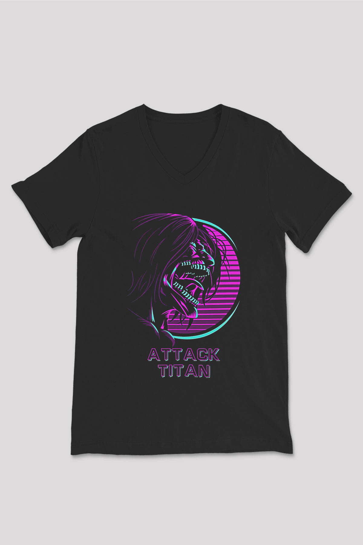 Attack On Titan Baskılı Unisex Siyah V Yaka Tişört - Tshirt