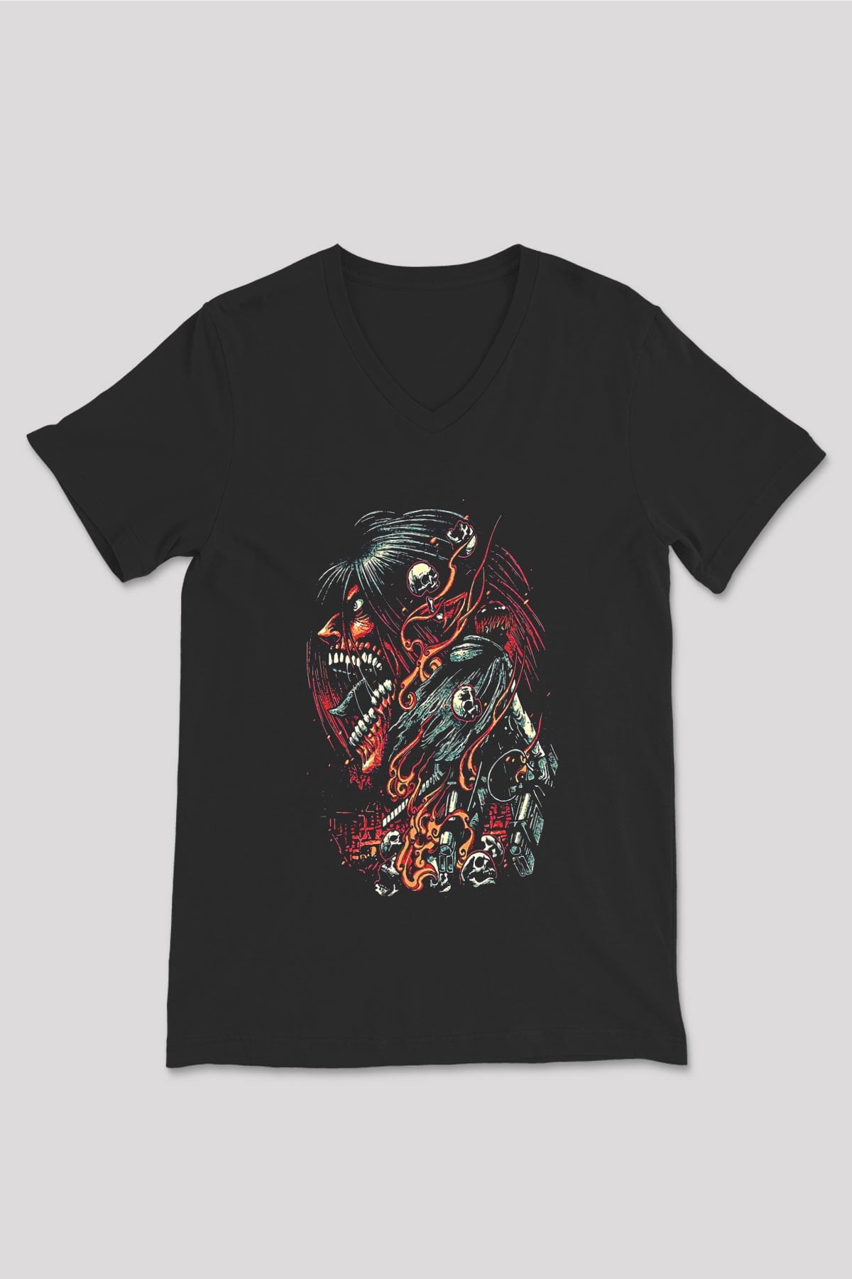Attack On Titan Baskılı Unisex Siyah V Yaka Tişört - Tshirt