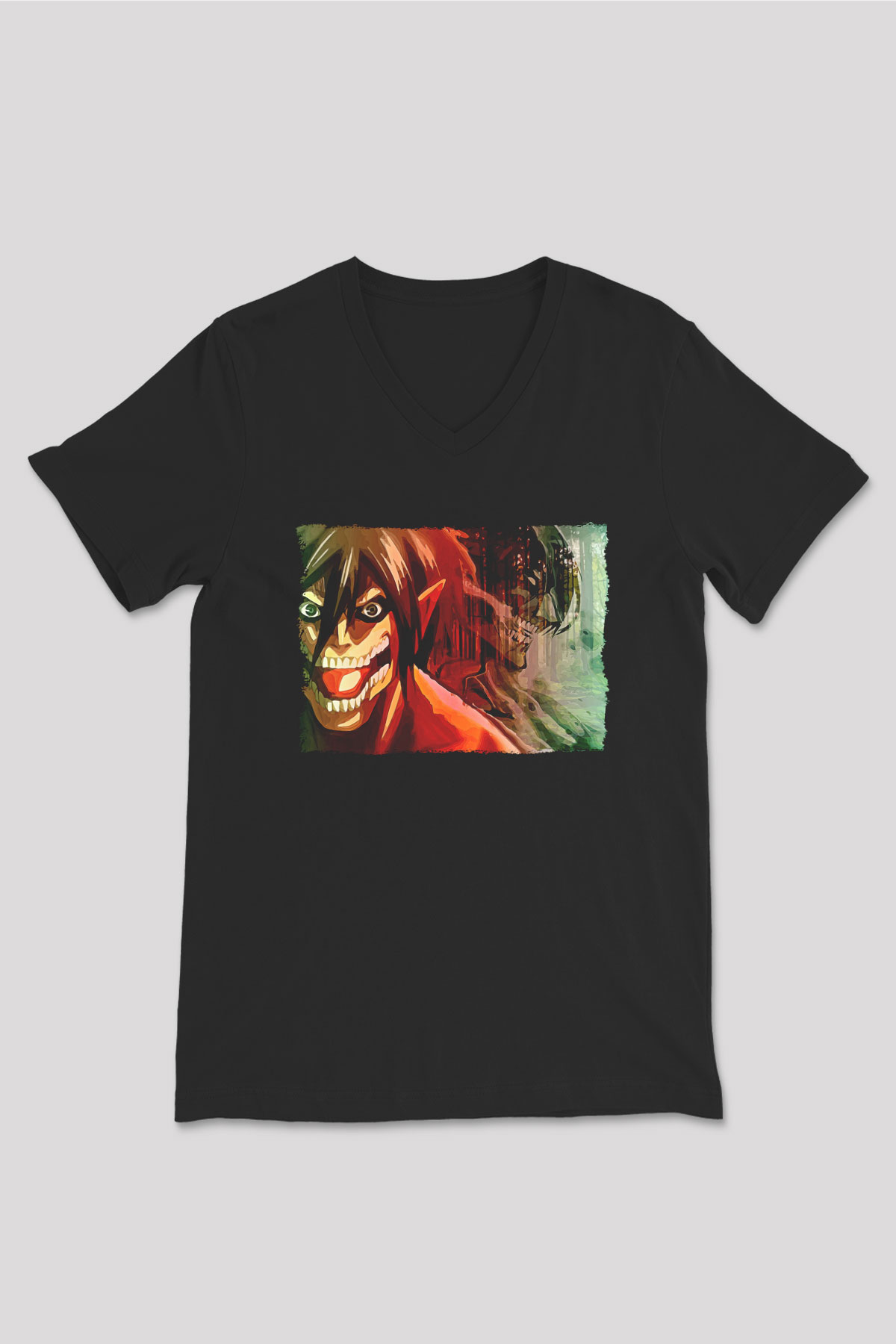 Attack On Titan Baskılı Unisex Siyah V Yaka Tişört - Tshirt