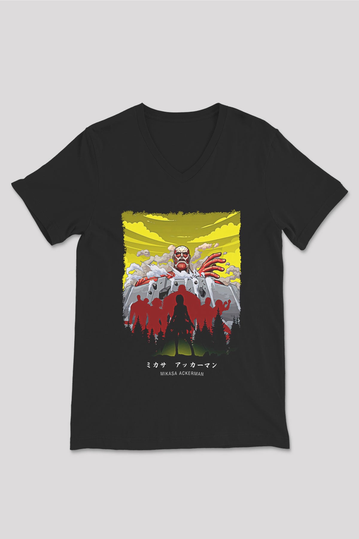 Attack On Titan Baskılı Unisex Siyah V Yaka Tişört - Tshirt