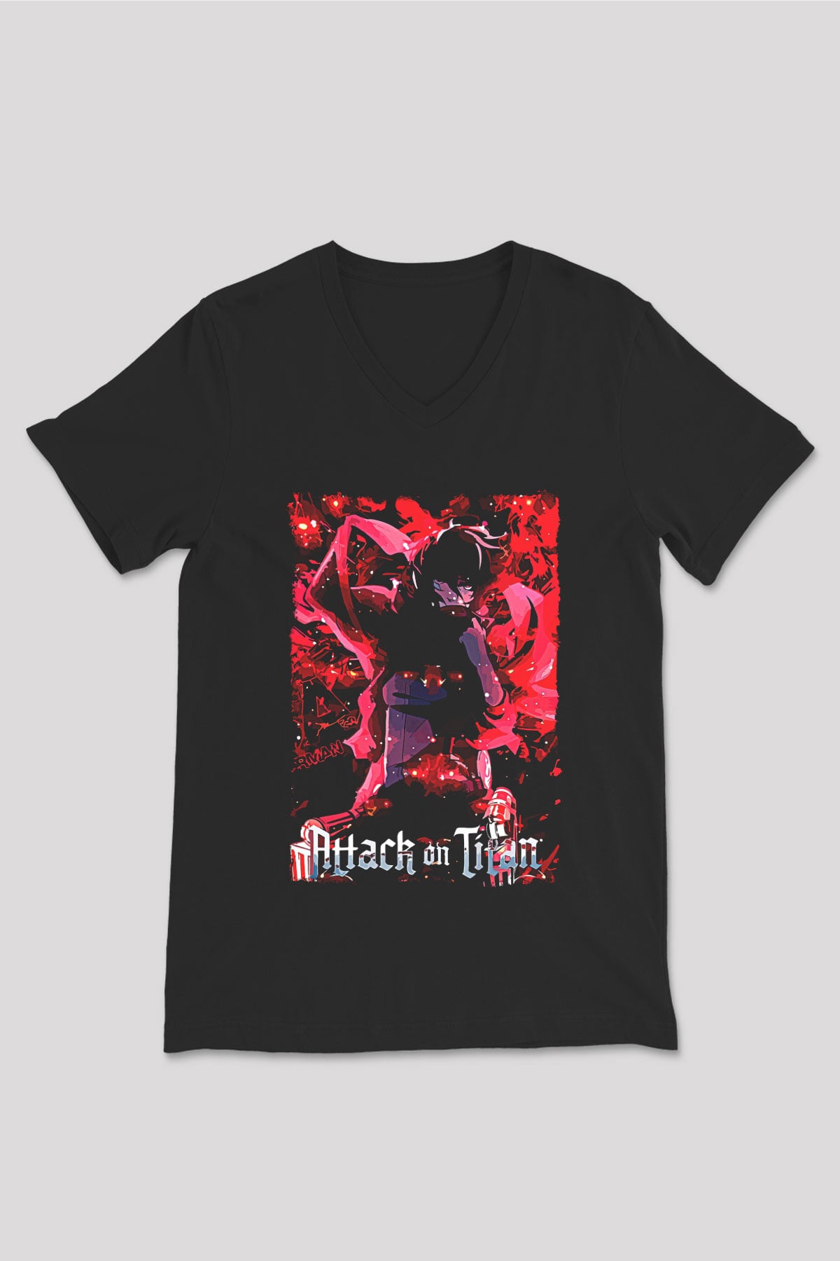 Attack On Titan Baskılı Unisex Siyah V Yaka Tişört - Tshirt