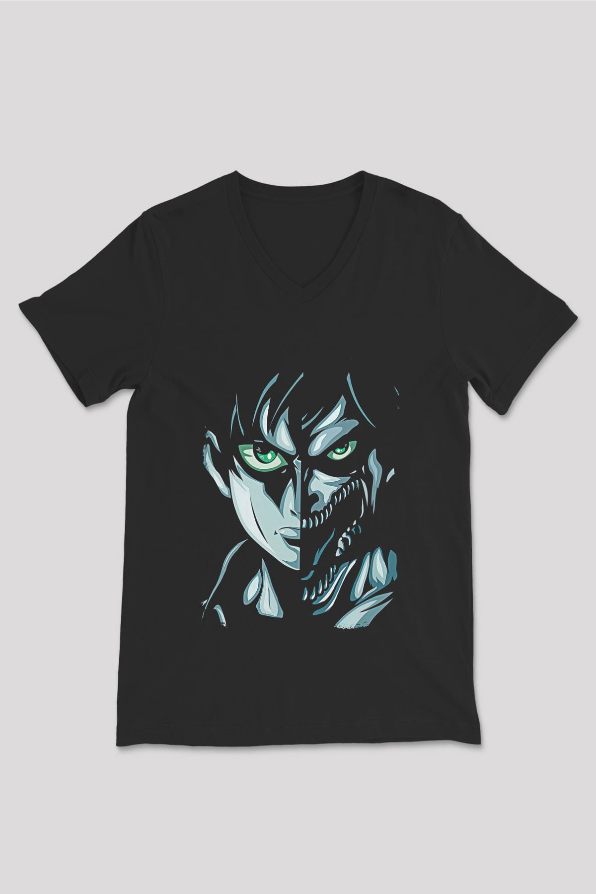 Attack On Titan Baskılı Unisex Siyah V Yaka Tişört - Tshirt