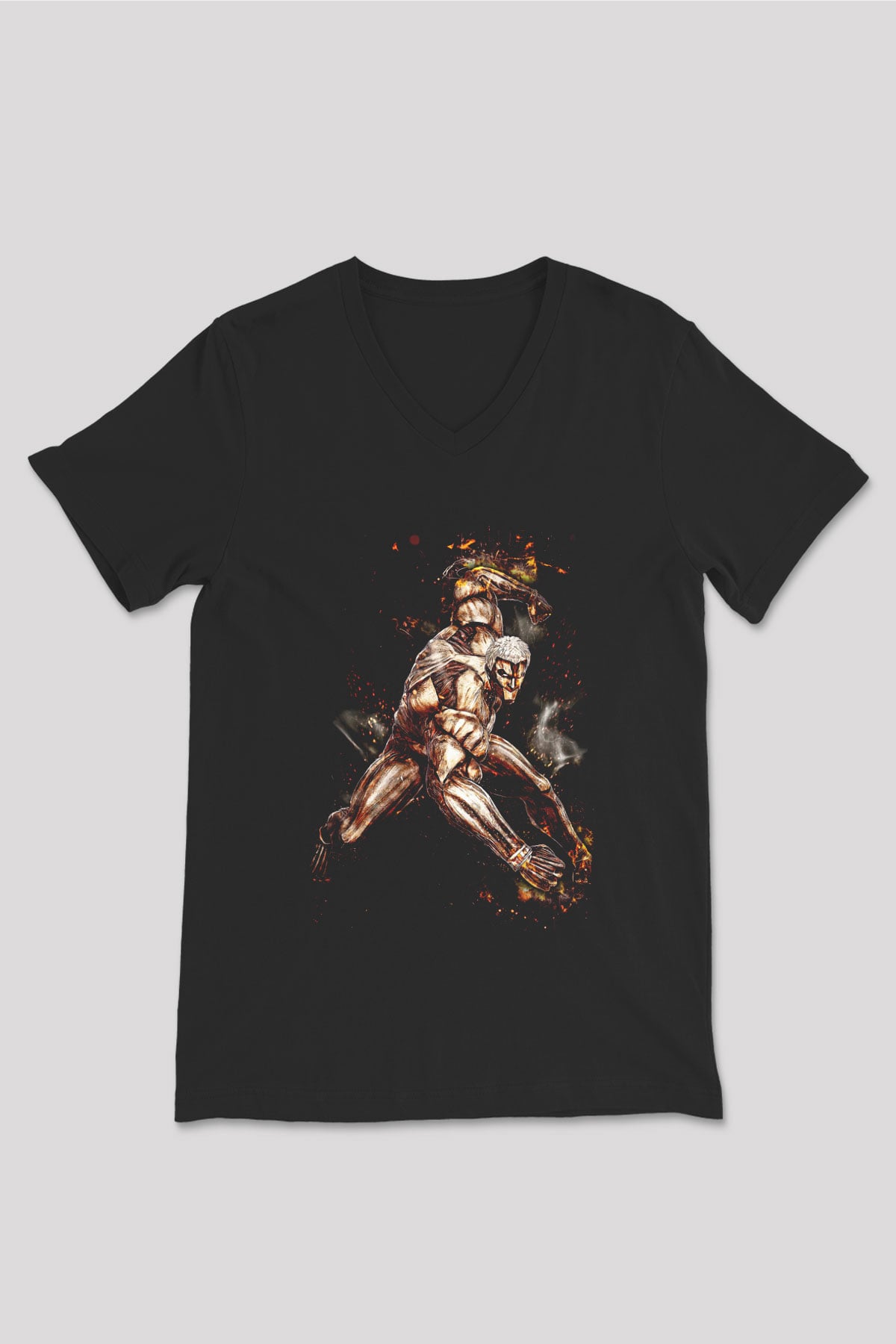 Attack On Titan Baskılı Unisex Siyah V Yaka Tişört - Tshirt