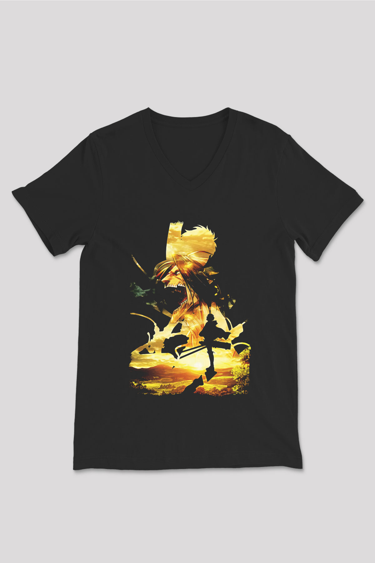 Attack On Titan Baskılı Unisex Siyah V Yaka Tişört - Tshirt
