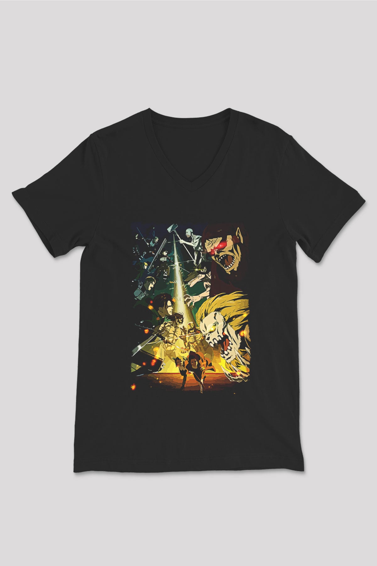Attack On Titan Baskılı Unisex Siyah V Yaka Tişört - Tshirt