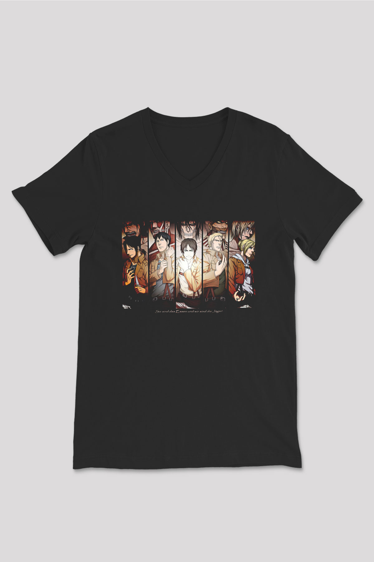 Attack On Titan Baskılı Unisex Siyah V Yaka Tişört - Tshirt