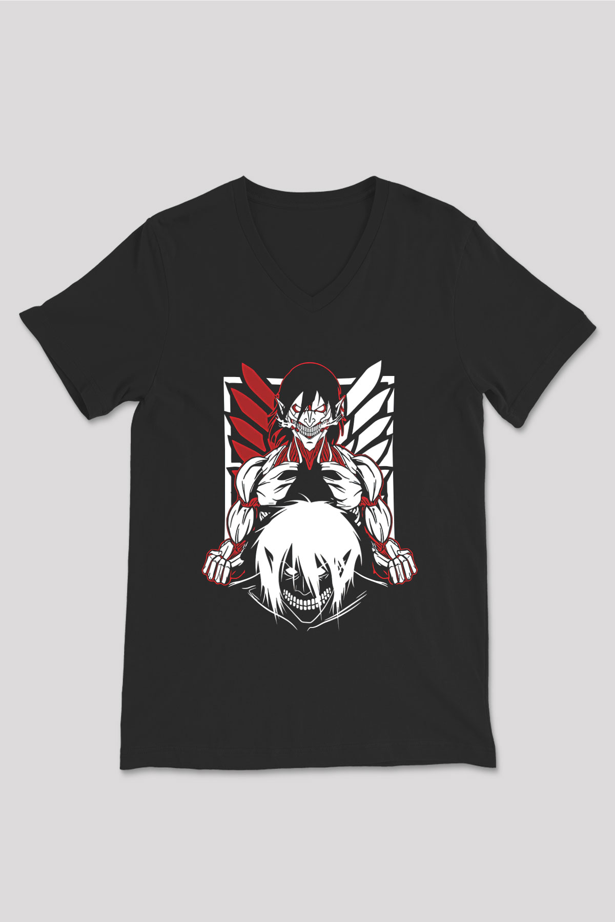 Attack On Titan Baskılı Unisex Siyah V Yaka Tişört - Tshirt