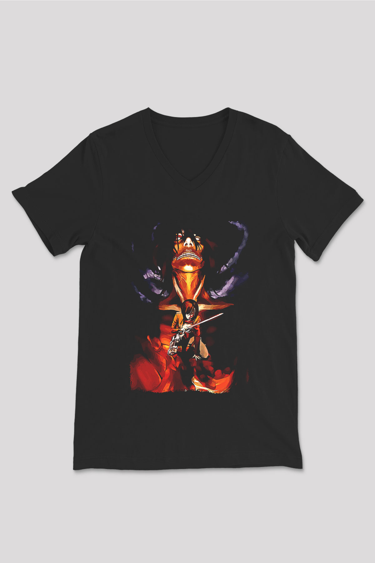Attack On Titan Baskılı Unisex Siyah V Yaka Tişört - Tshirt