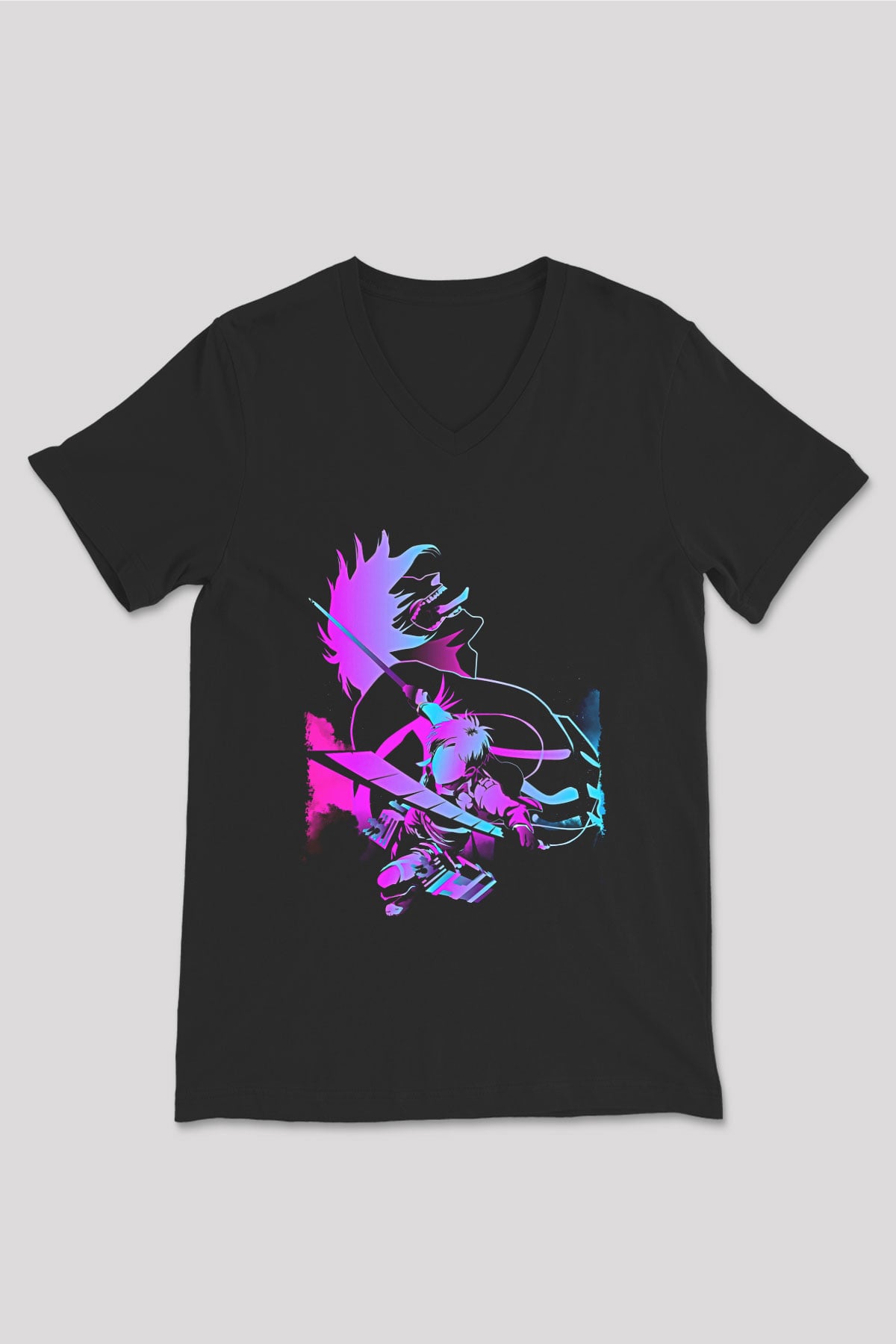 Attack On Titan Baskılı Unisex Siyah V Yaka Tişört - Tshirt