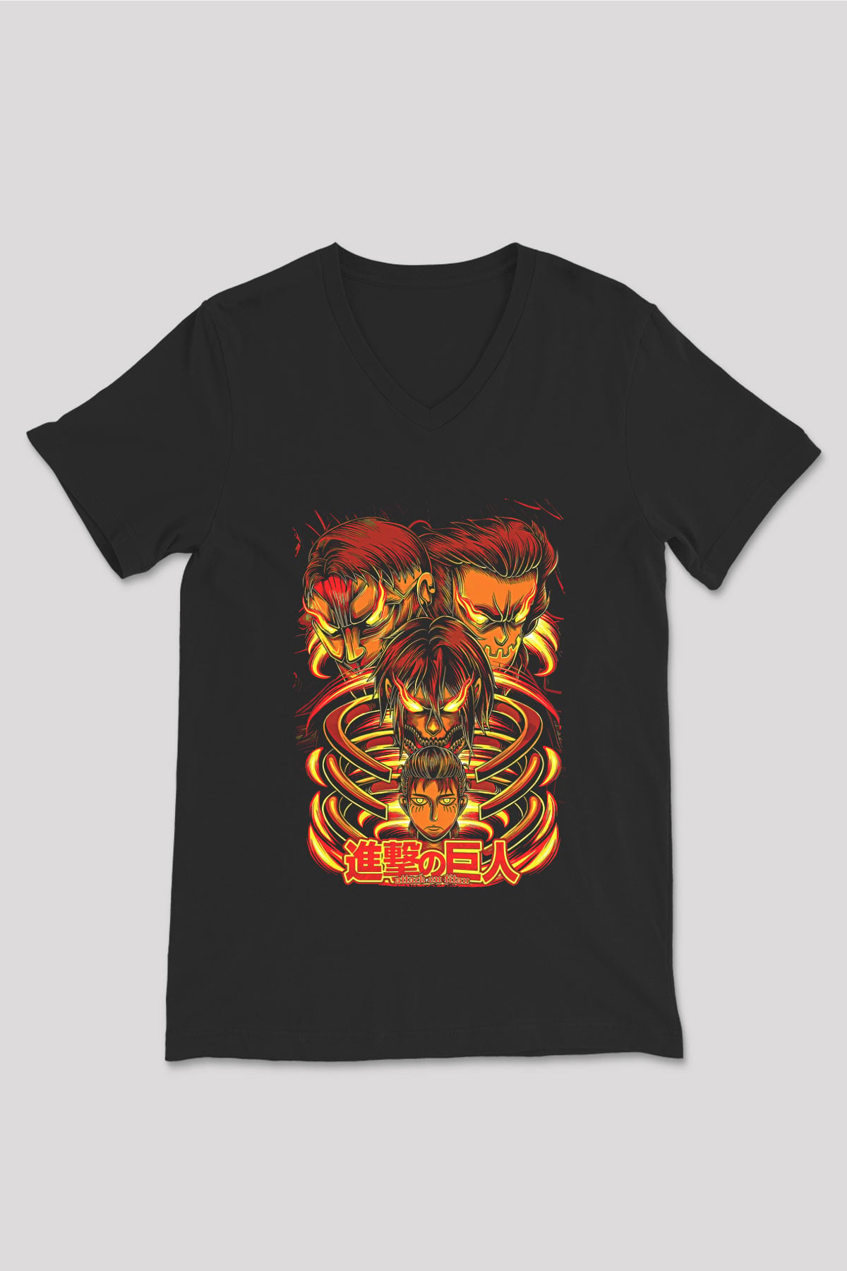 Attack On Titan Baskılı Unisex Siyah V Yaka Tişört - Tshirt