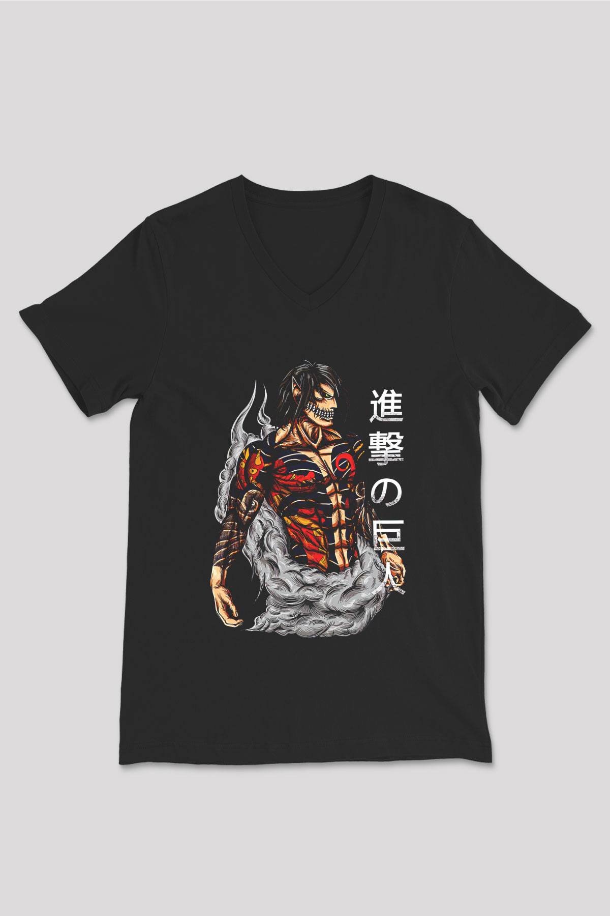 Attack On Titan Baskılı Unisex Siyah V Yaka Tişört - Tshirt