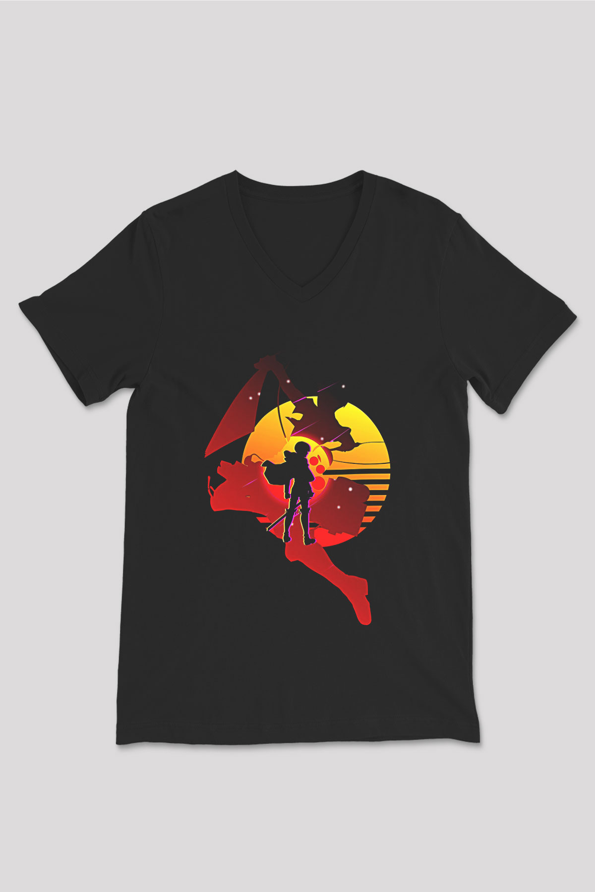 Attack On Titan Baskılı Unisex Siyah V Yaka Tişört - Tshirt