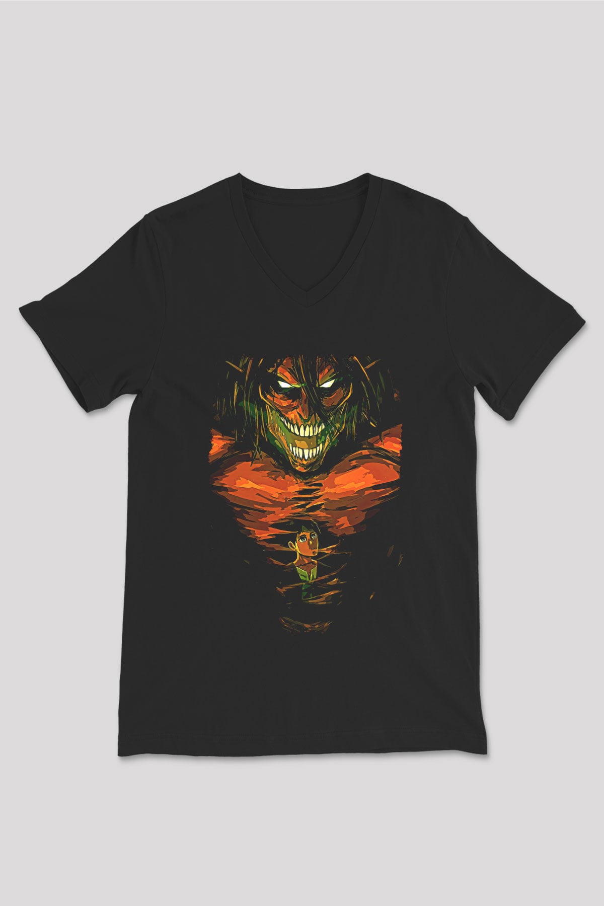 Attack On Titan Baskılı Unisex Siyah V Yaka Tişört - Tshirt