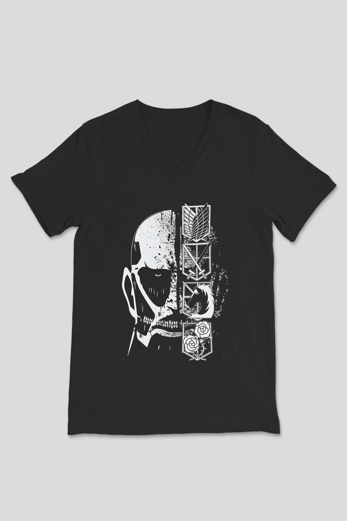 Attack On Titan Baskılı Unisex Siyah V Yaka Tişört - Tshirt