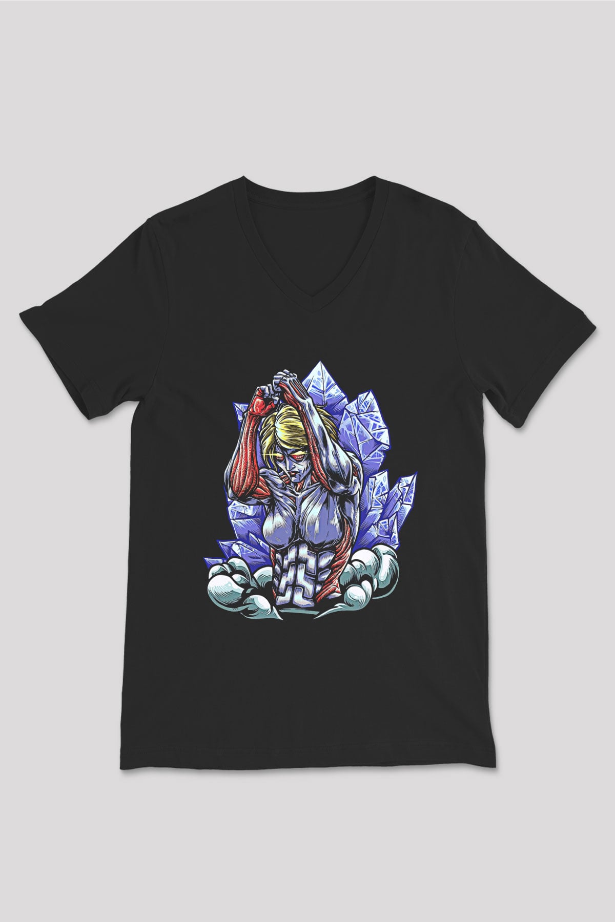 Attack On Titan Baskılı Unisex Siyah V Yaka Tişört - Tshirt
