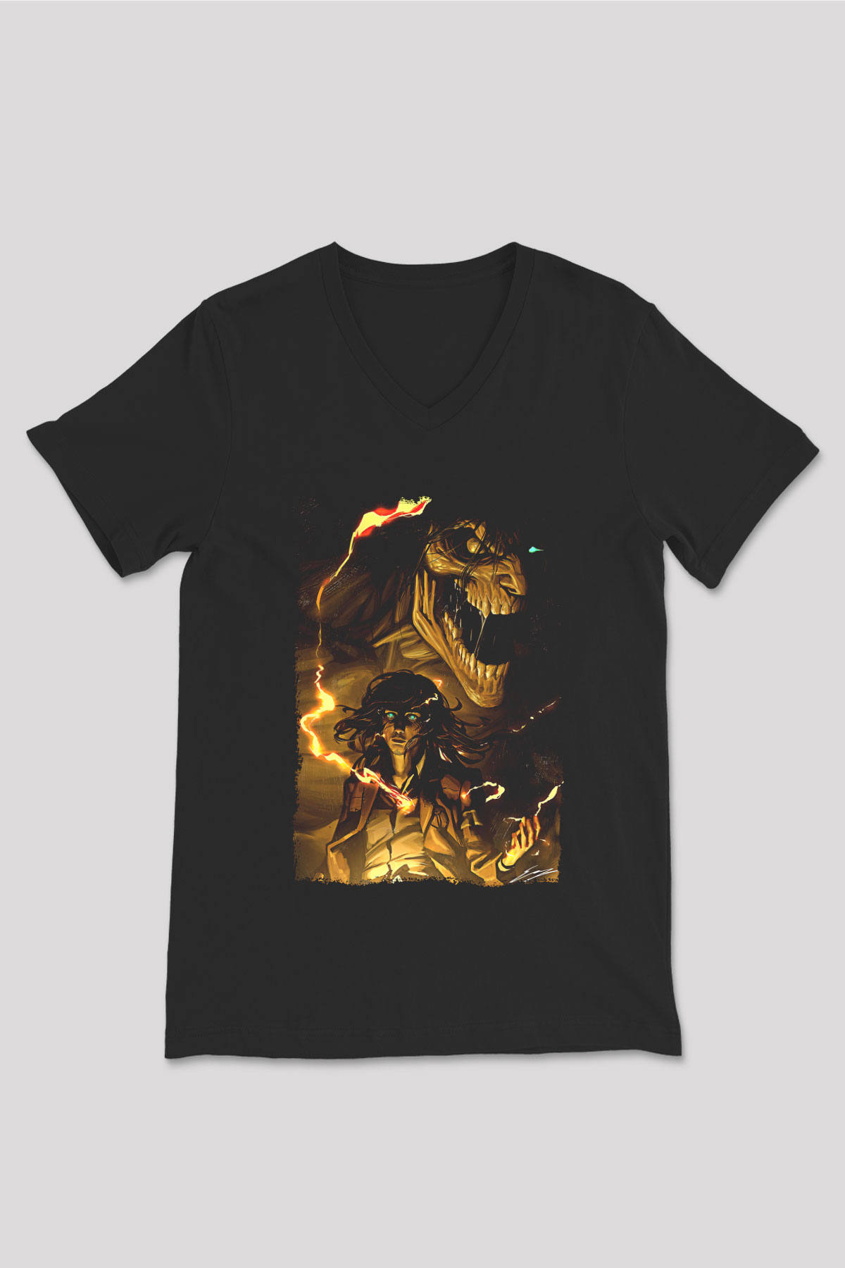 Attack On Titan Baskılı Unisex Siyah V Yaka Tişört - Tshirt